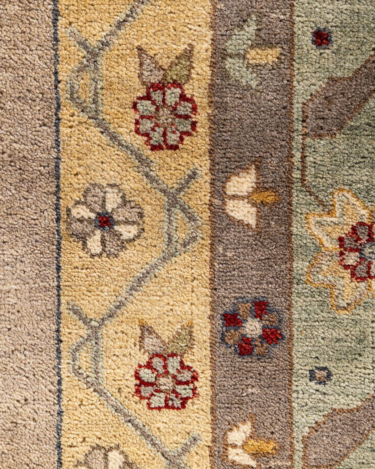Indian Traditional Ikat Hand Knotted Floral Wool Beige Area Rug 8' 1