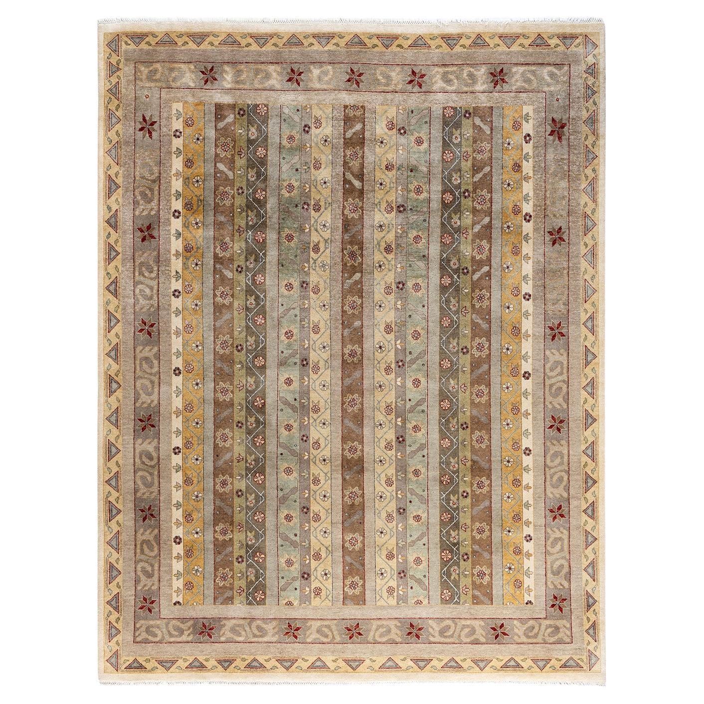 Traditional Ikat Hand Knotted Floral Wool Beige Area Rug 8' 1" x 10' 4"