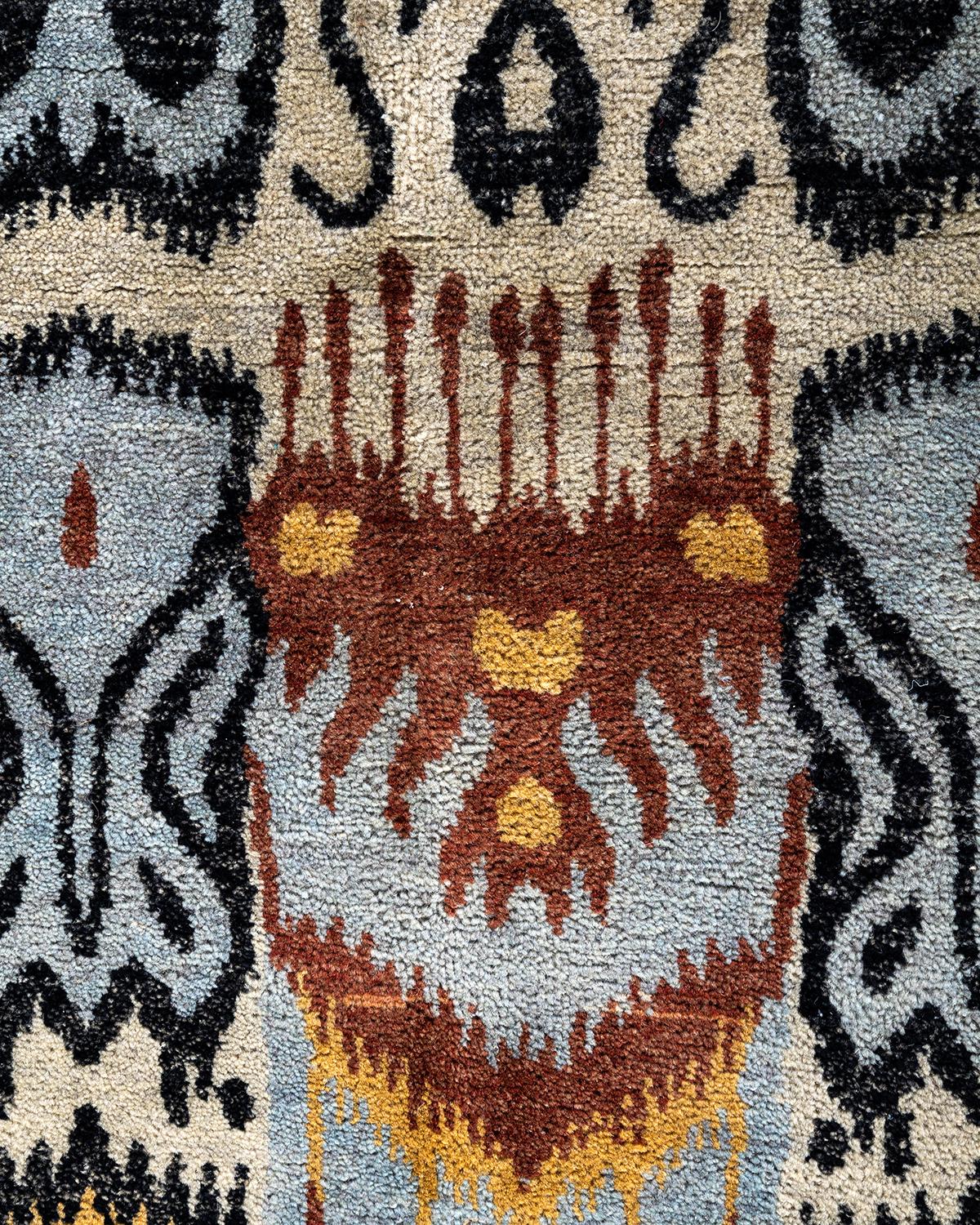 Indiano Tappeto Ikat tradizionale in lana floreale beige annodato a mano 8' 2