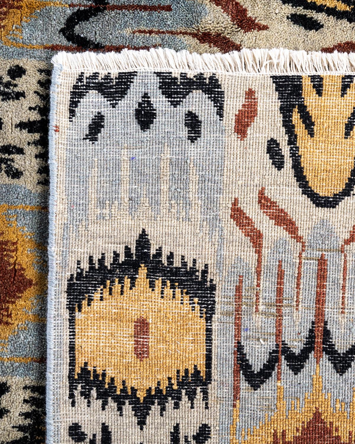 Tappeto Ikat tradizionale in lana floreale beige annodato a mano 8' 2