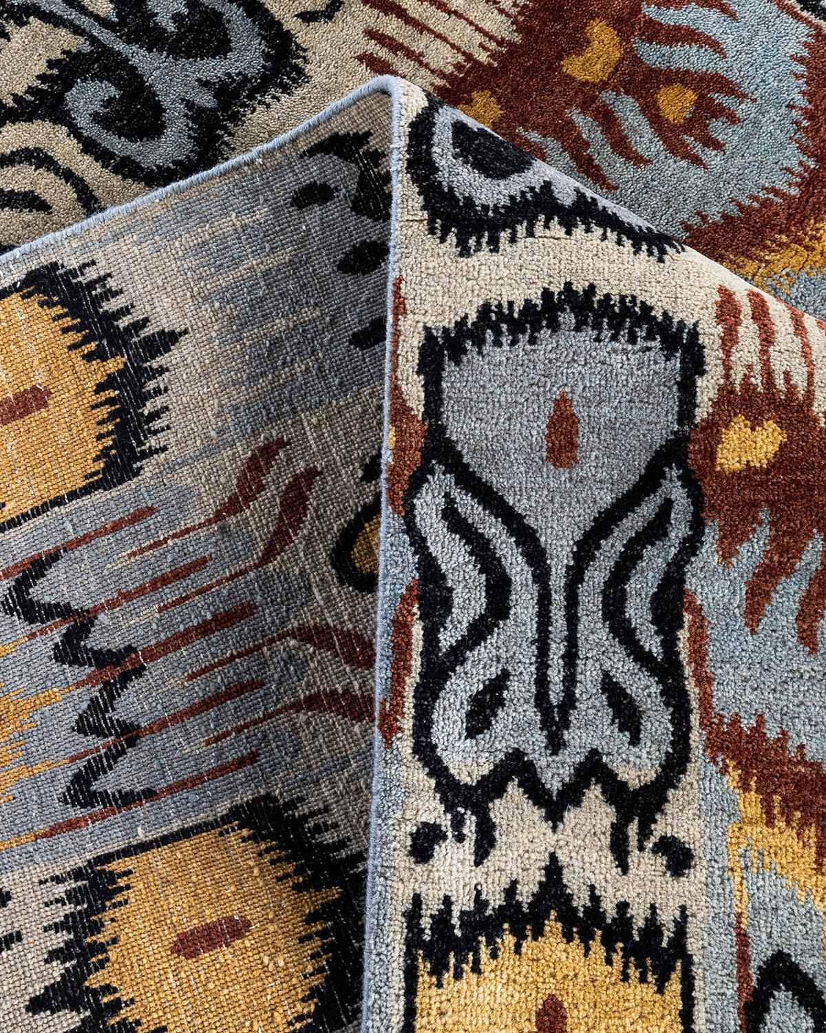 XXI secolo e contemporaneo Tappeto Ikat tradizionale in lana floreale beige annodato a mano 8' 2