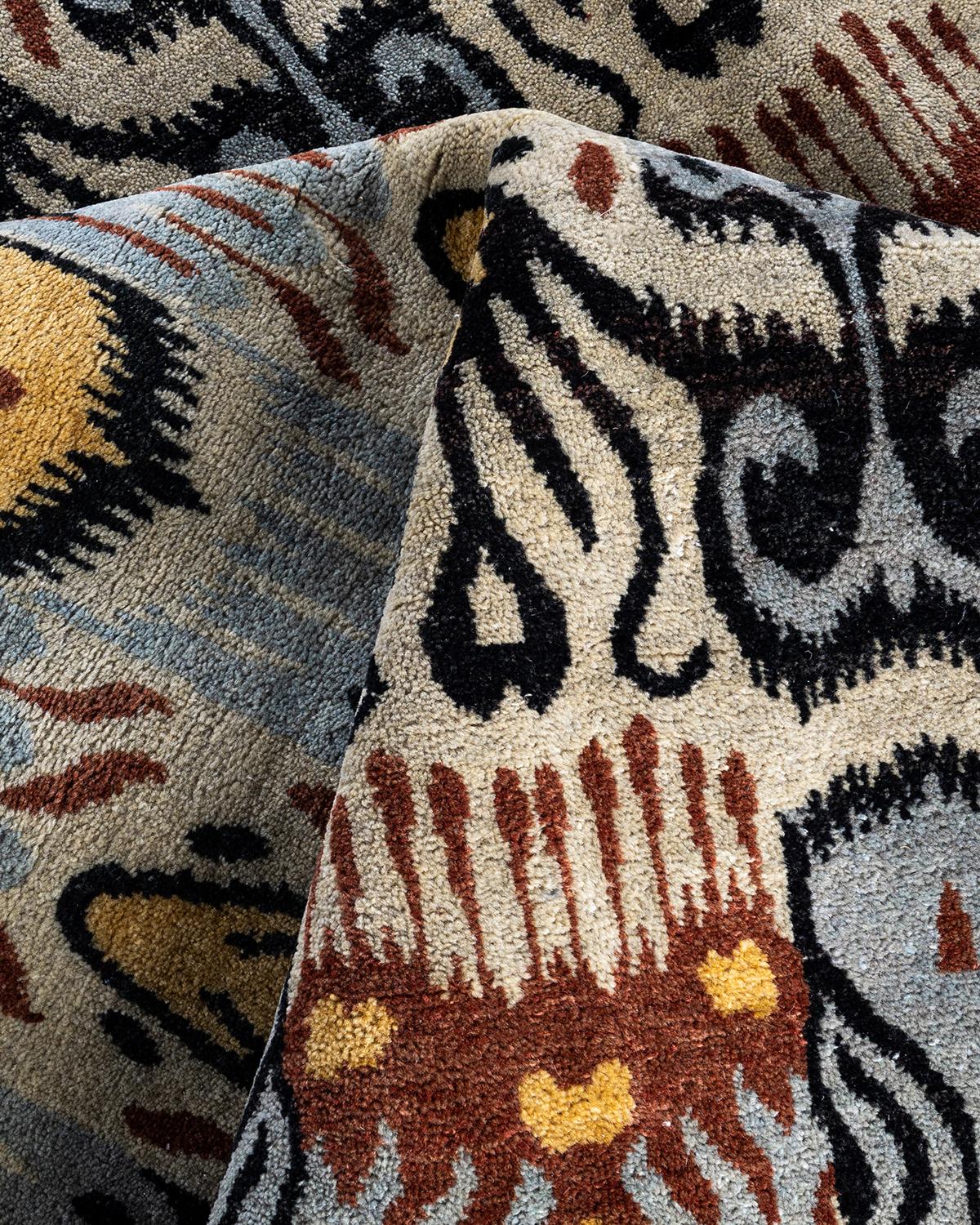 Lana Tappeto Ikat tradizionale in lana floreale beige annodato a mano 8' 2