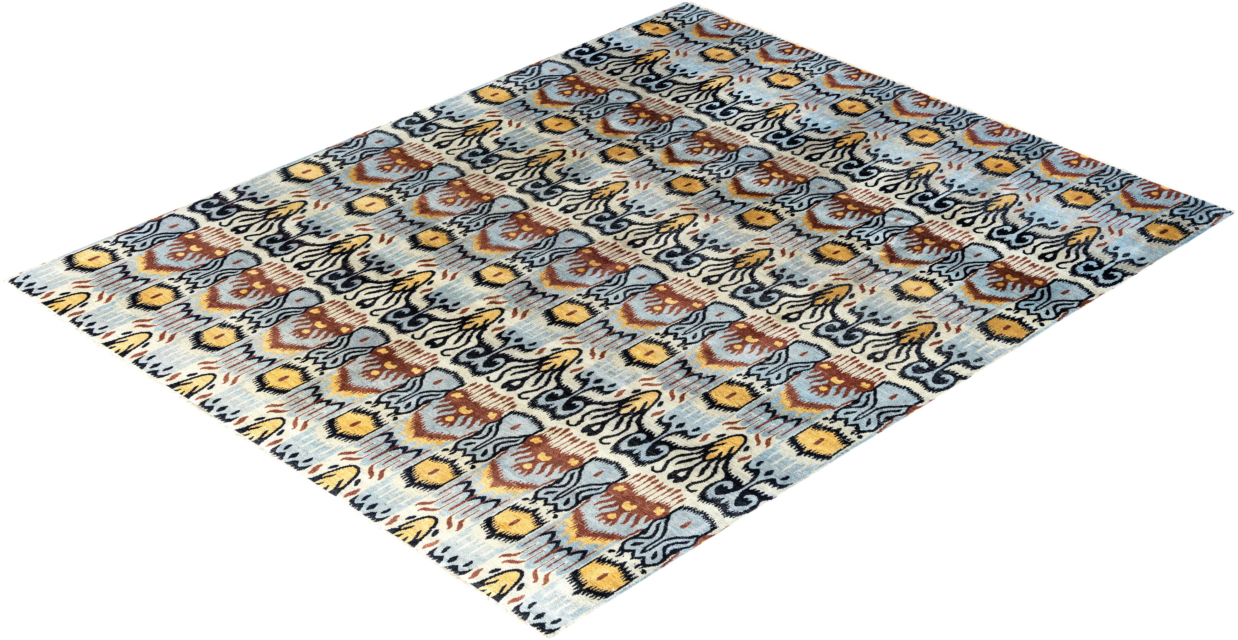 Tappeto Ikat tradizionale in lana floreale beige annodato a mano 8' 2