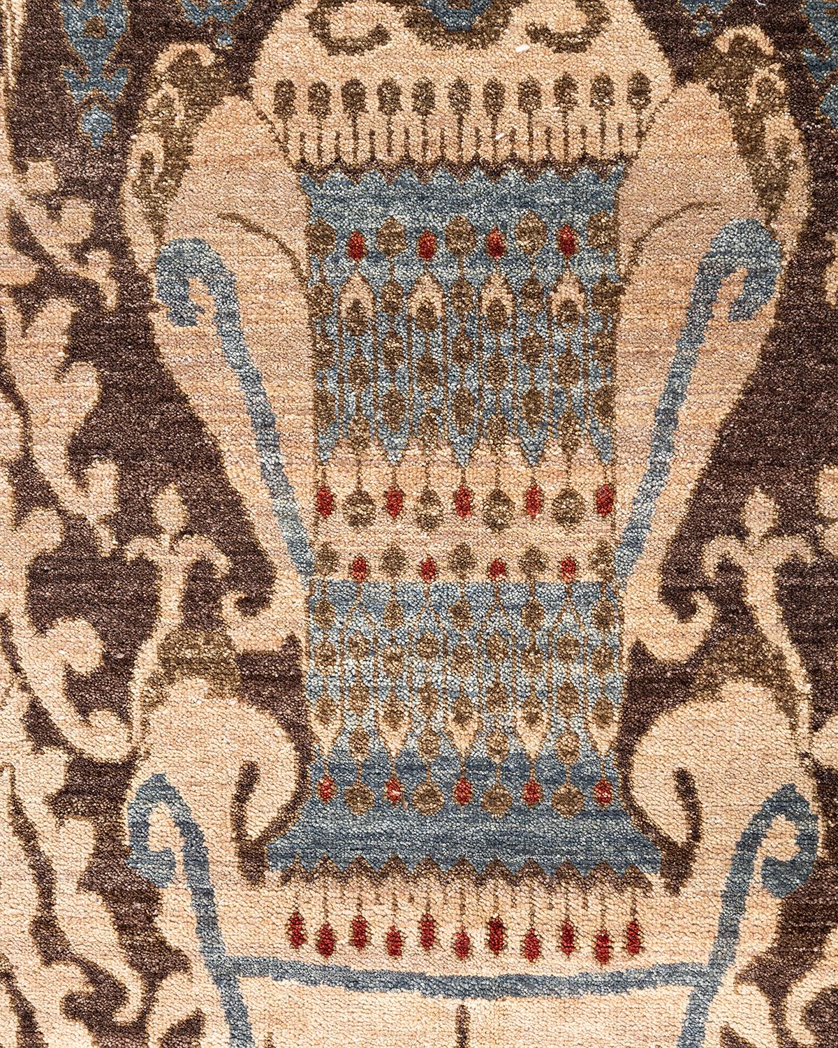 Indian Traditional Ikat Hand Knotted Floral Wool Beige Area Rug 9' 1