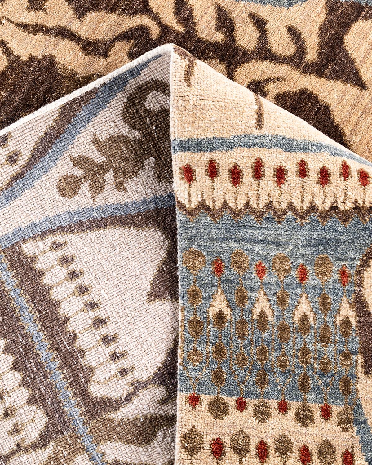 Contemporary Traditional Ikat Hand Knotted Floral Wool Beige Area Rug 9' 1