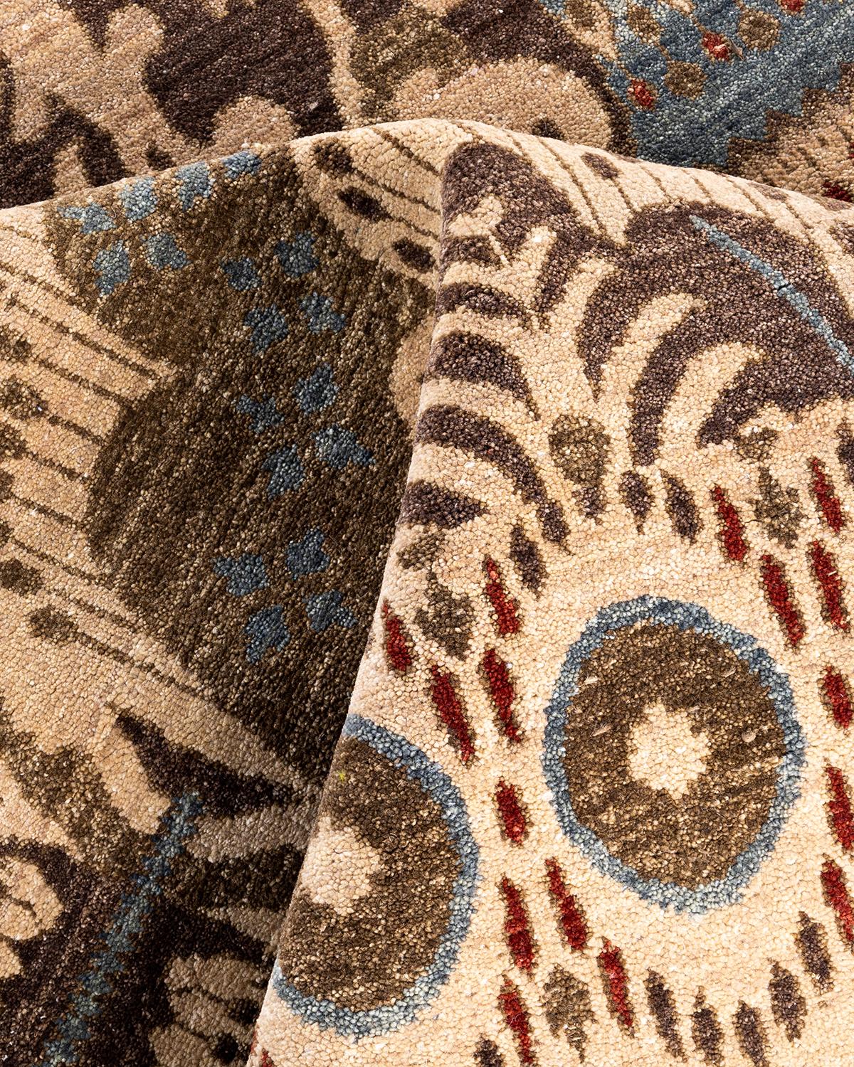 Traditional Ikat Hand Knotted Floral Wool Beige Area Rug 9' 1