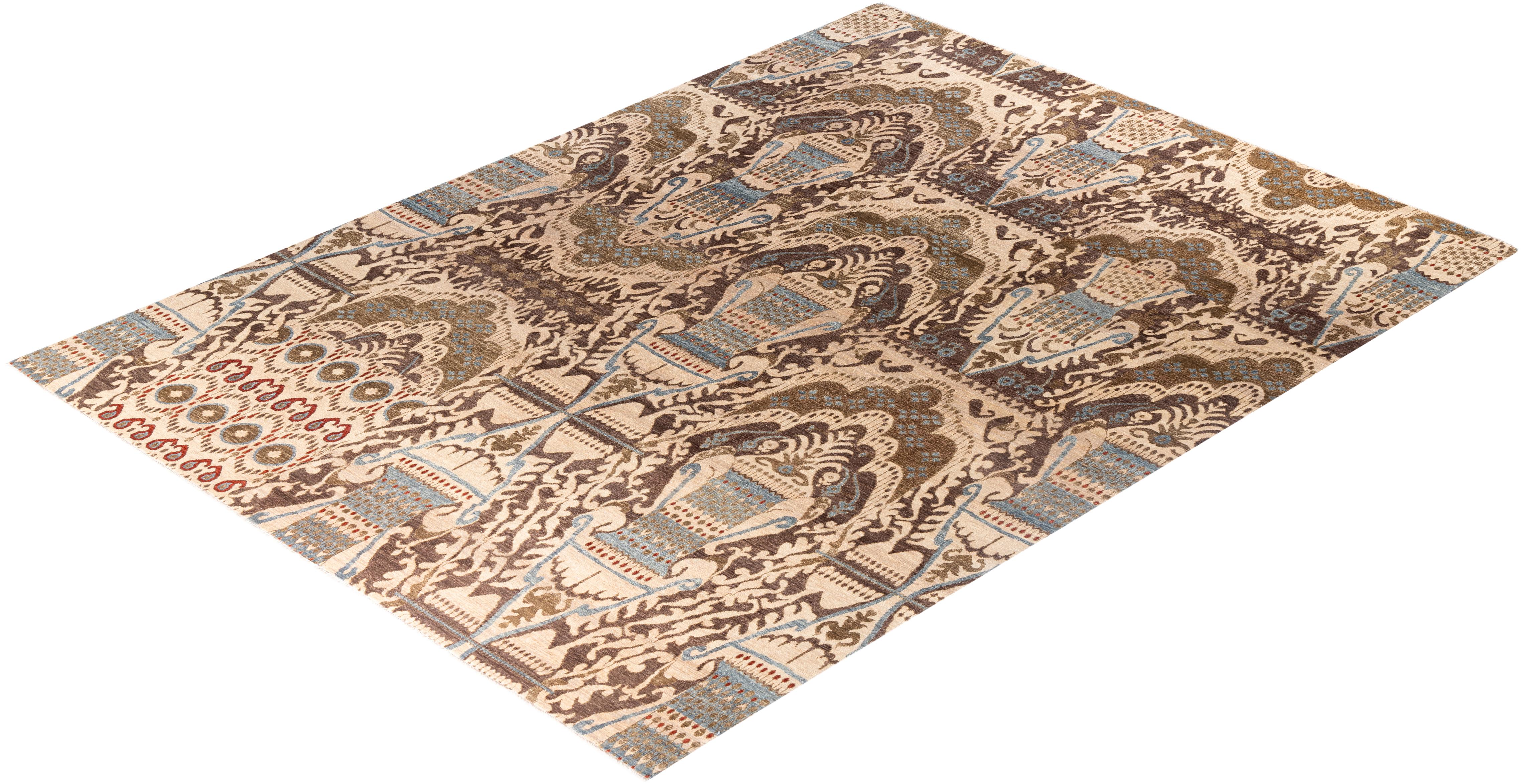 Traditional Ikat Hand Knotted Floral Wool Beige Area Rug 9' 1