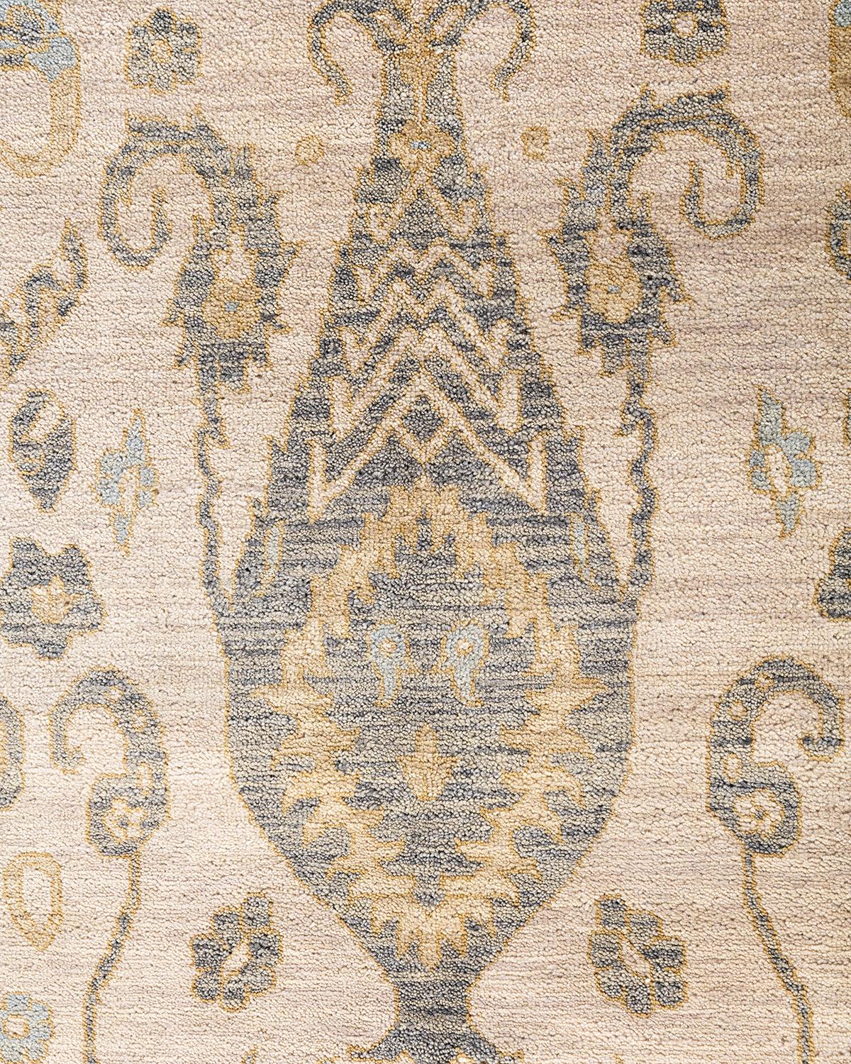 Alfombra Ikat Tradicional de Lana Floral Anudada a Mano Beige 9' 1