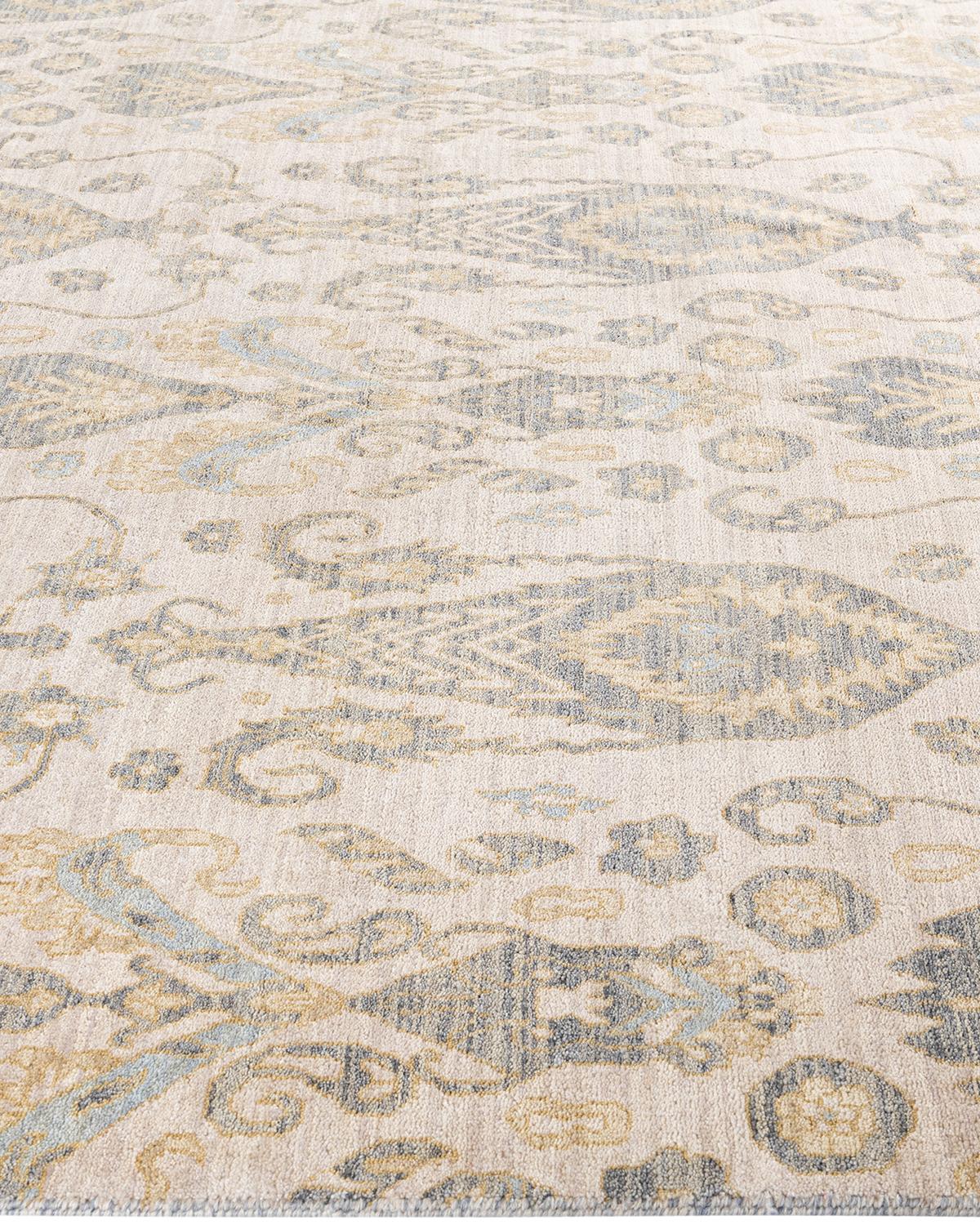 Alfombra Ikat Tradicional de Lana Floral Anudada a Mano Beige 9' 1