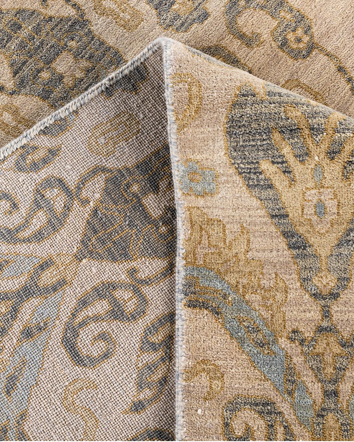 Alfombra Ikat Tradicional de Lana Floral Anudada a Mano Beige 9' 1