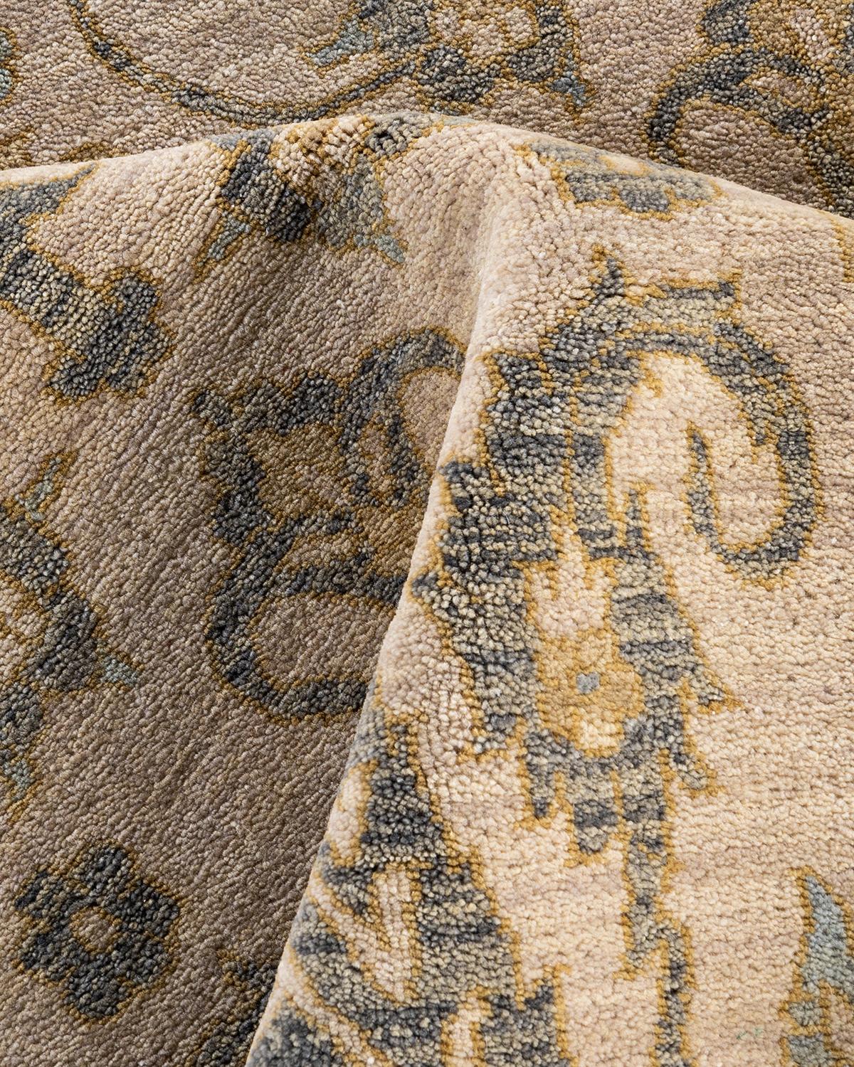 Alfombra Ikat Tradicional de Lana Floral Anudada a Mano Beige 9' 1