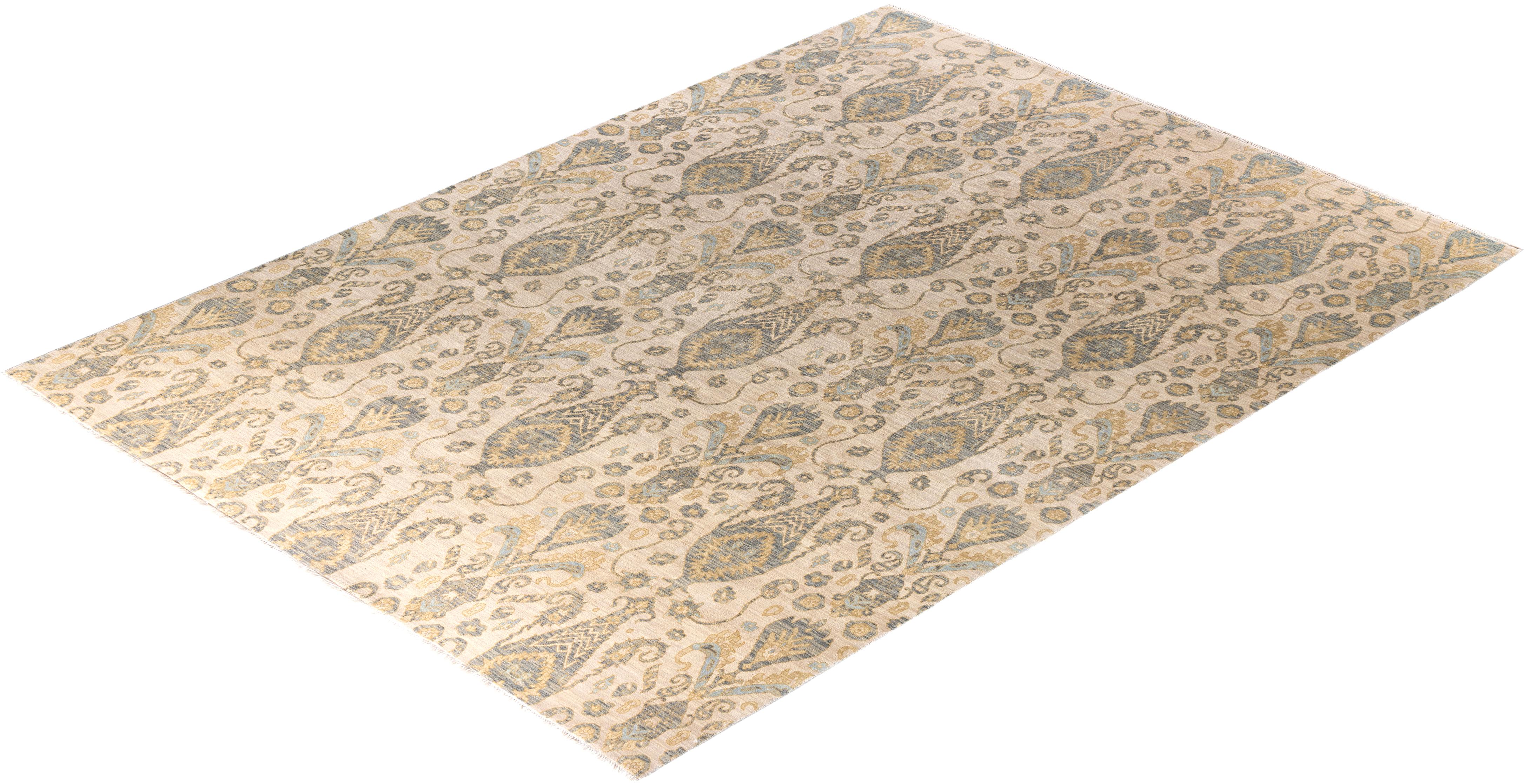 Alfombra Ikat Tradicional de Lana Floral Anudada a Mano Beige 9' 1