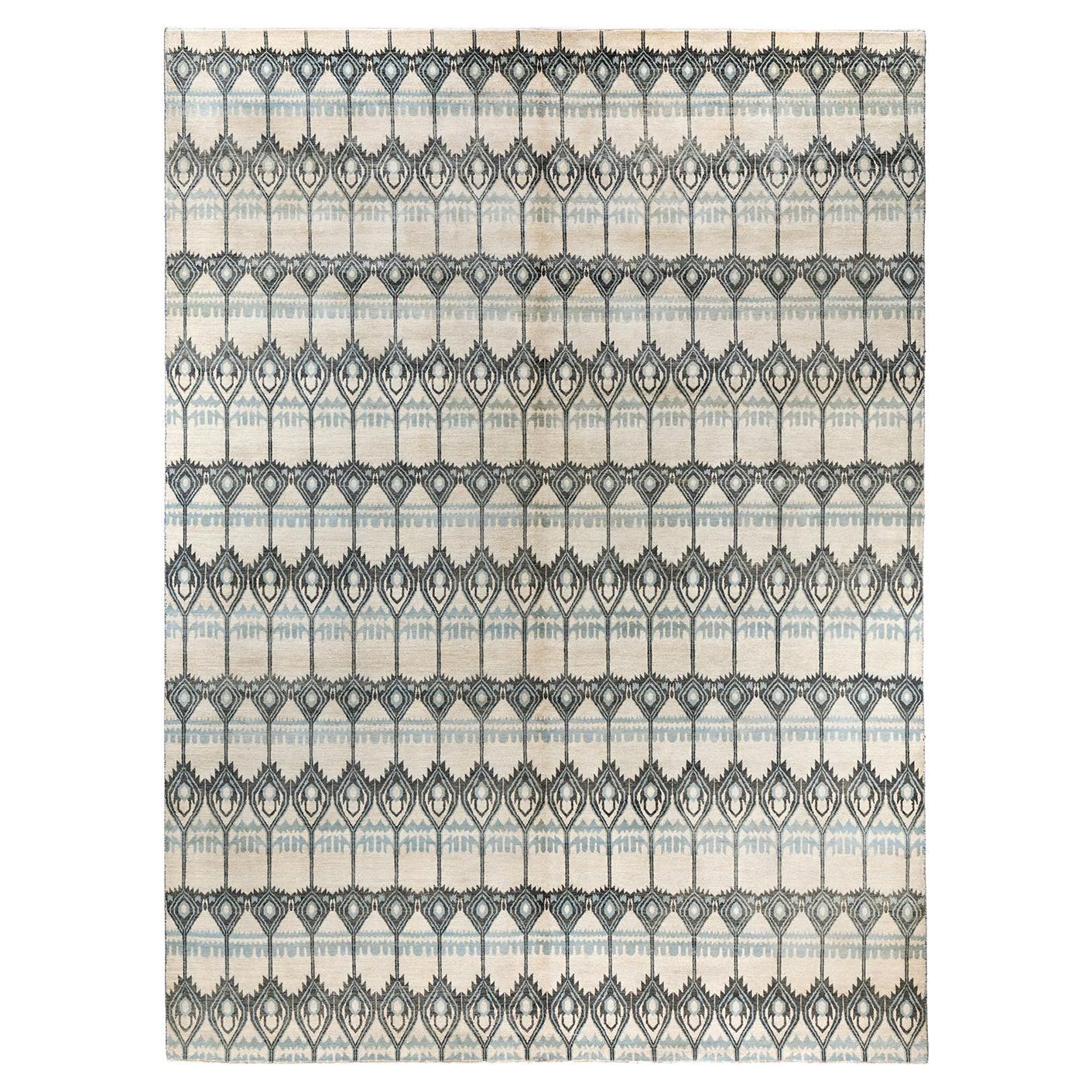 Alfombra Ikat Tradicional de Lana Floral Anudada a Mano Beige 9' 1" x 12' 4