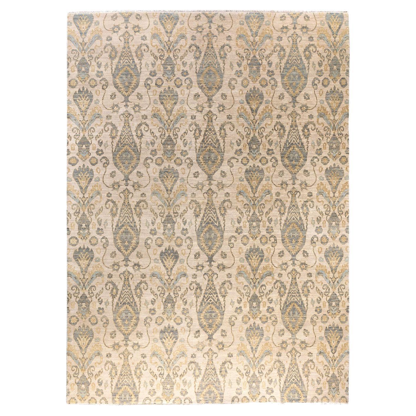 Alfombra Ikat Tradicional de Lana Floral Anudada a Mano Beige 9' 1" x 12' 4