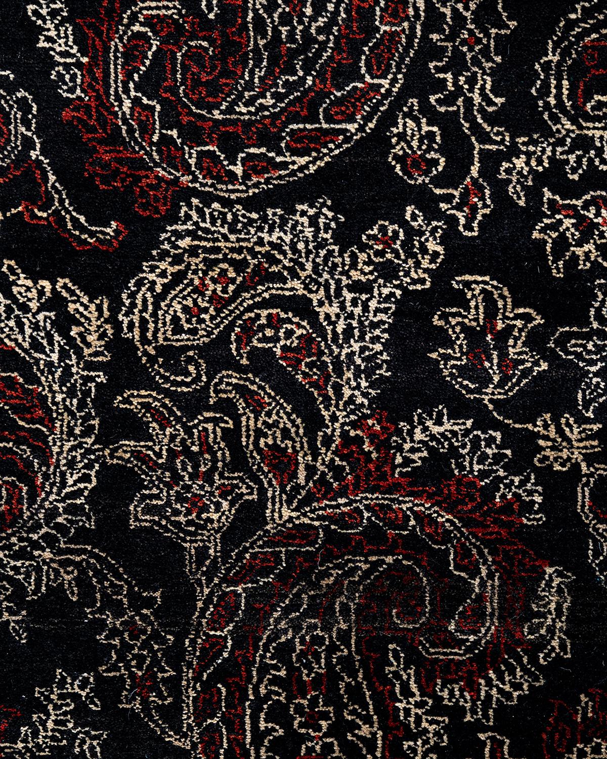Indiano Traditional Ikat Hand Knots Rugs floreale in lana nero 8' 2