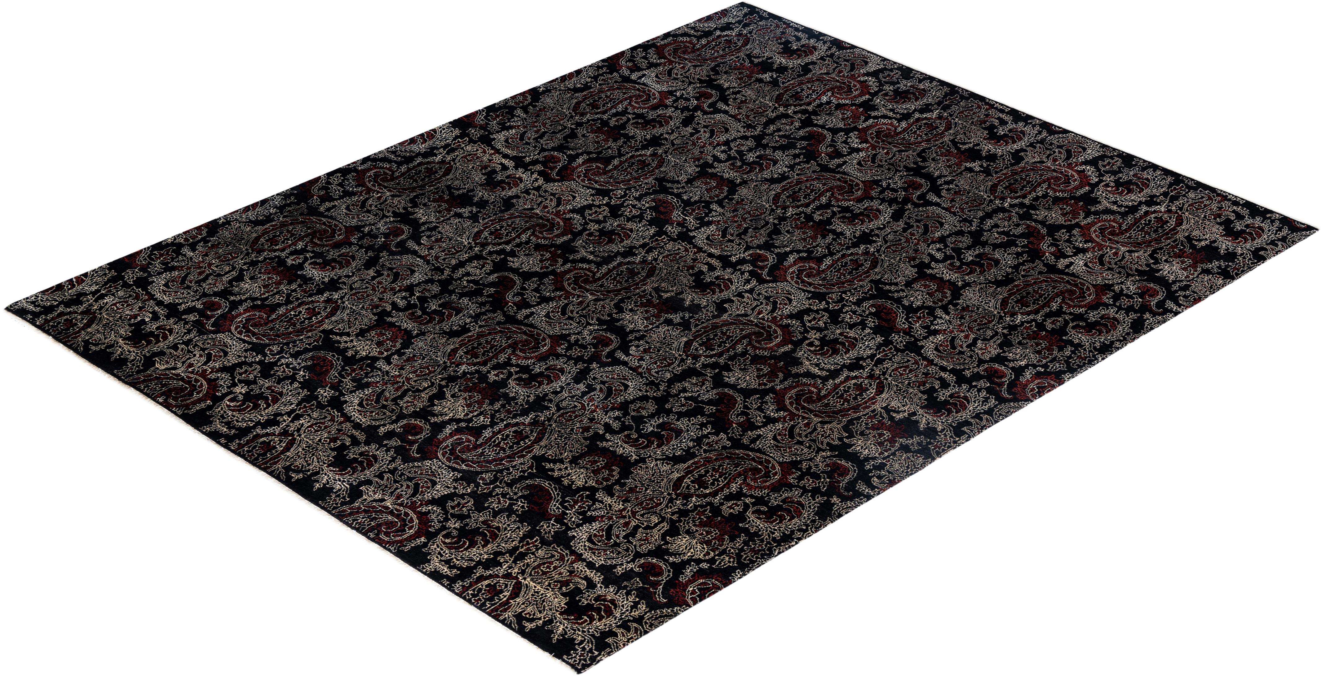 Traditional Ikat Hand Knots Rugs floreale in lana nero 8' 2