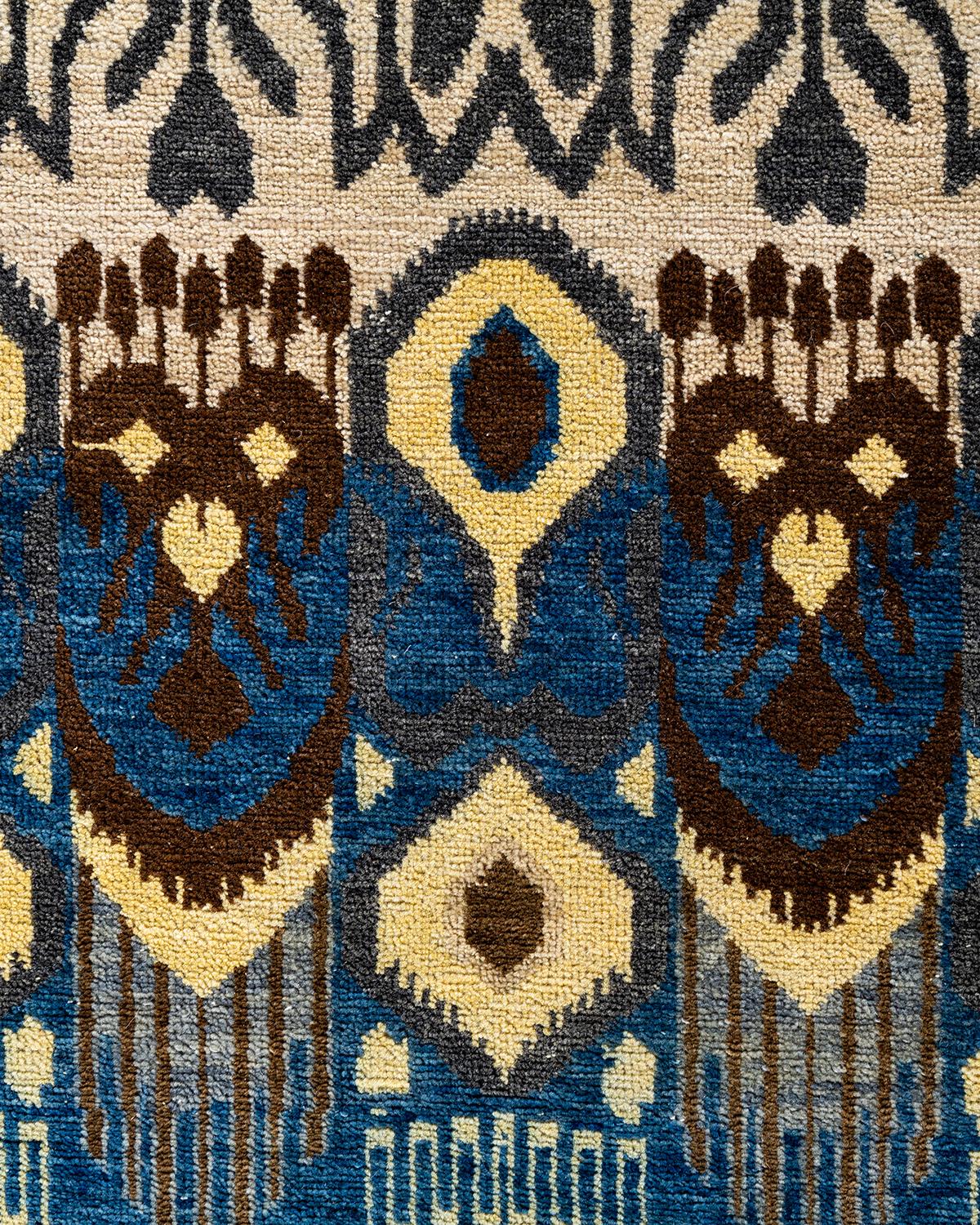 Indian Traditional Ikat Hand Knotted Floral Wool Blue Area Rug 8' 0