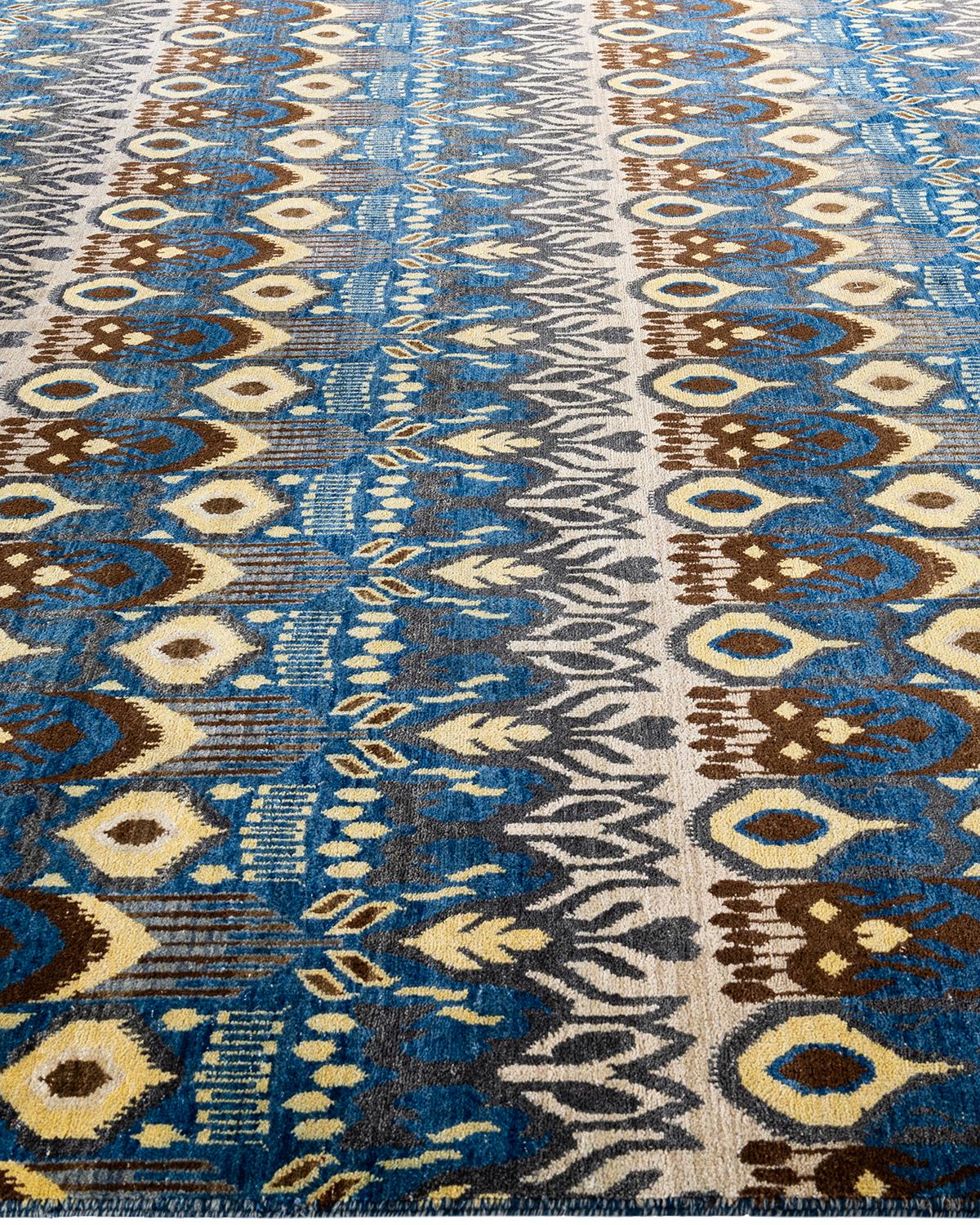 Hand-Knotted Traditional Ikat Hand Knotted Floral Wool Blue Area Rug 8' 0