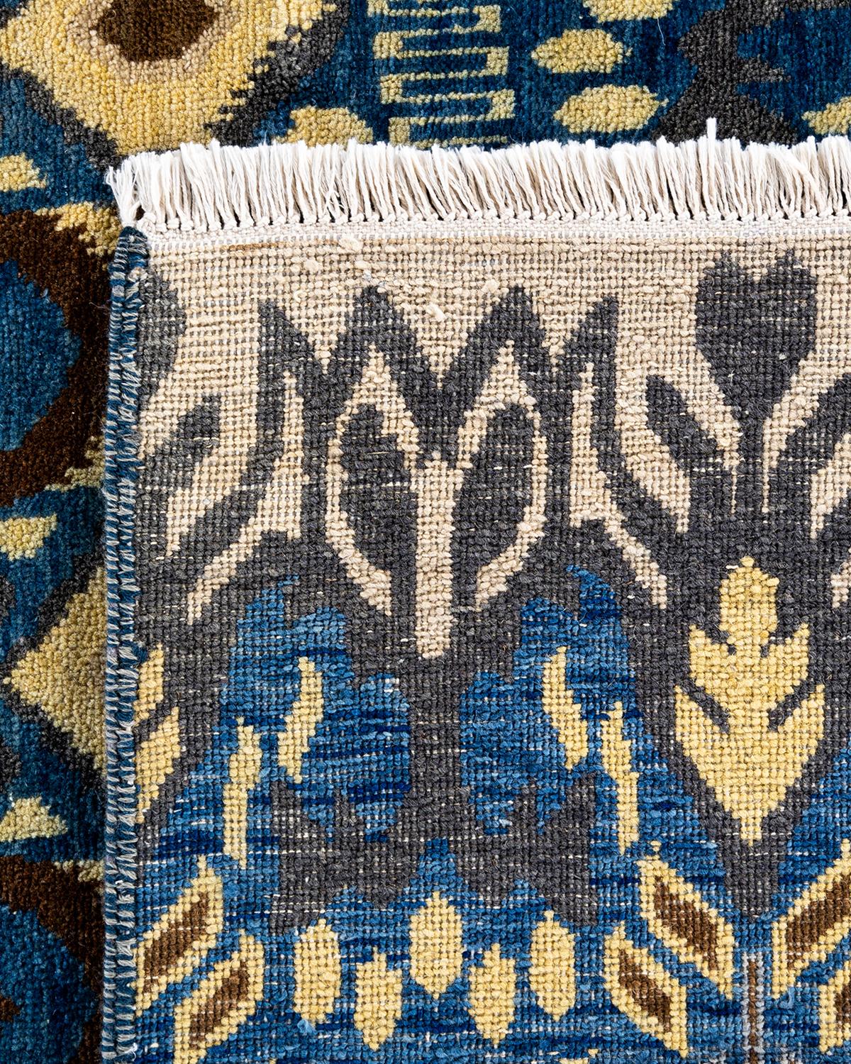 Traditional Ikat Hand Knotted Floral Wool Blue Area Rug 8' 0
