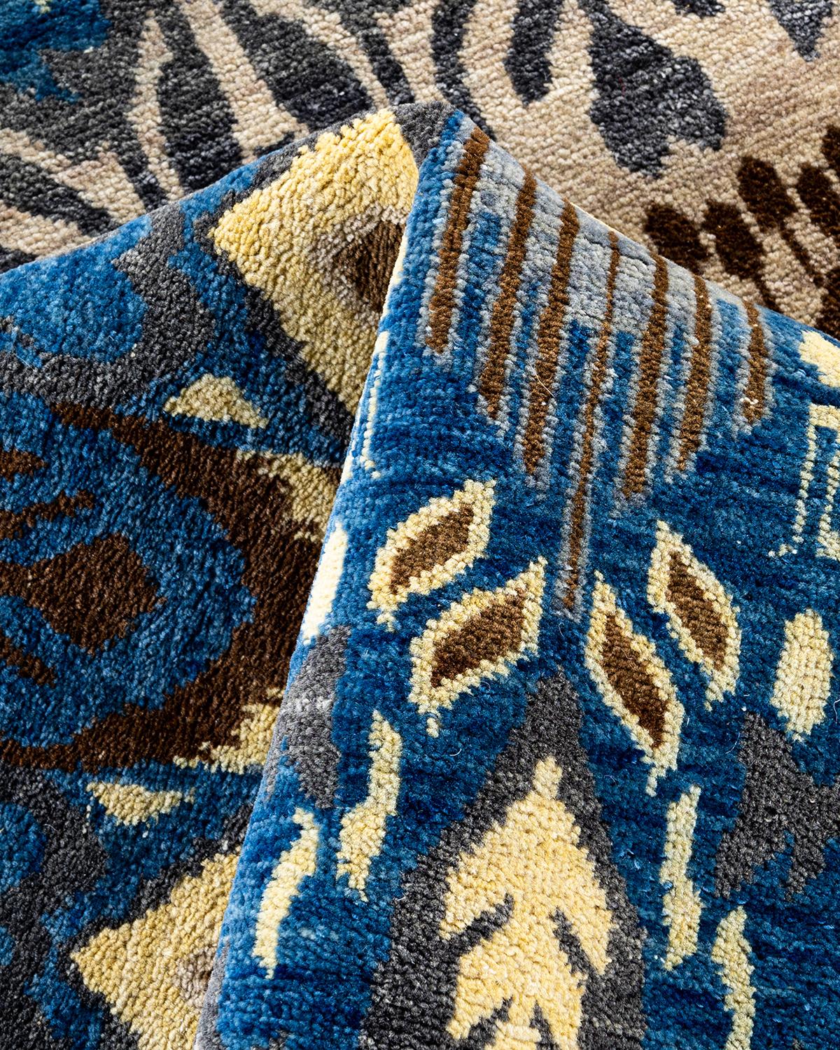 Traditional Ikat Hand Knotted Floral Wool Blue Area Rug 8' 0