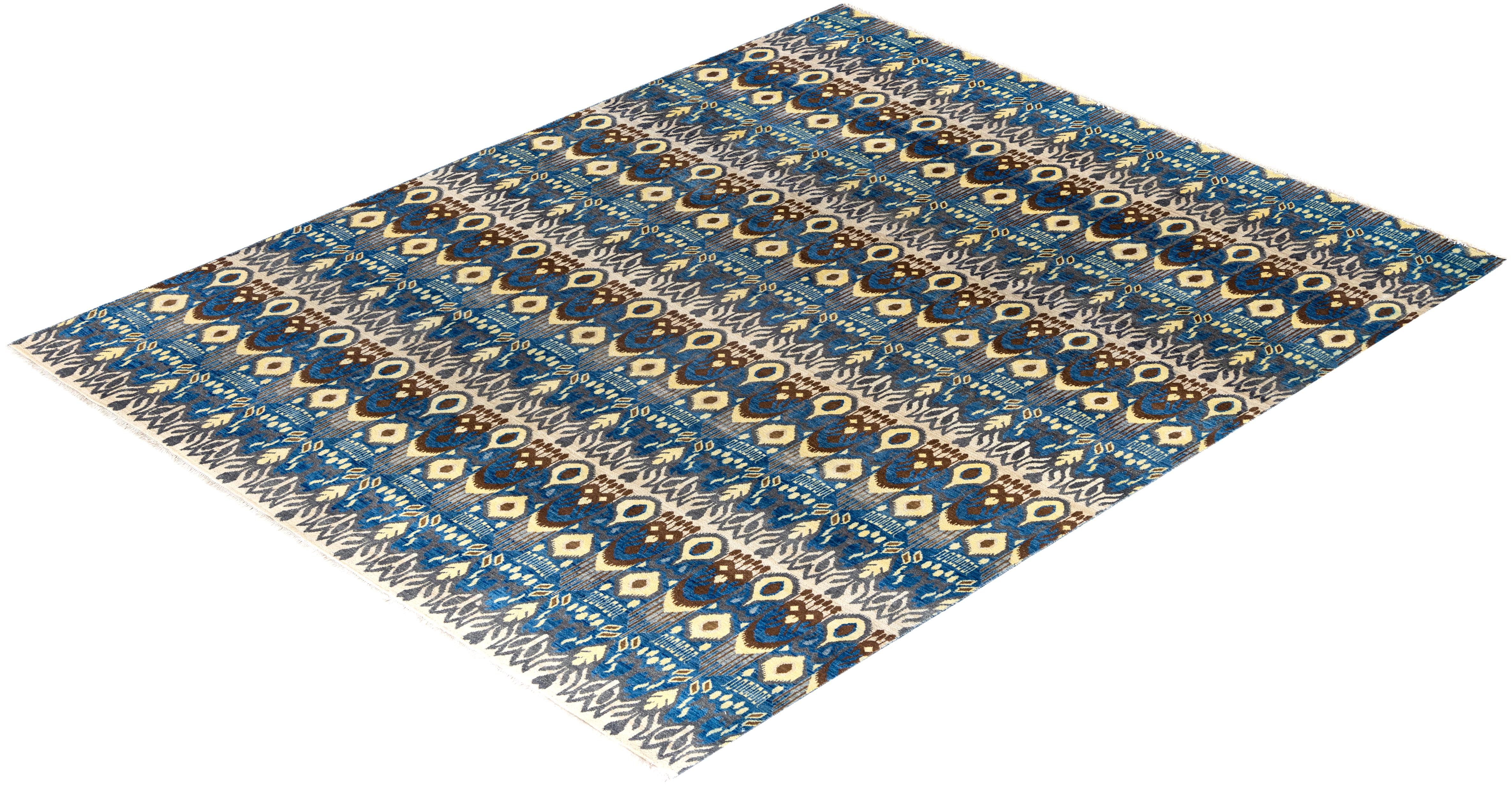 Traditional Ikat Hand Knotted Floral Wool Blue Area Rug 8' 0