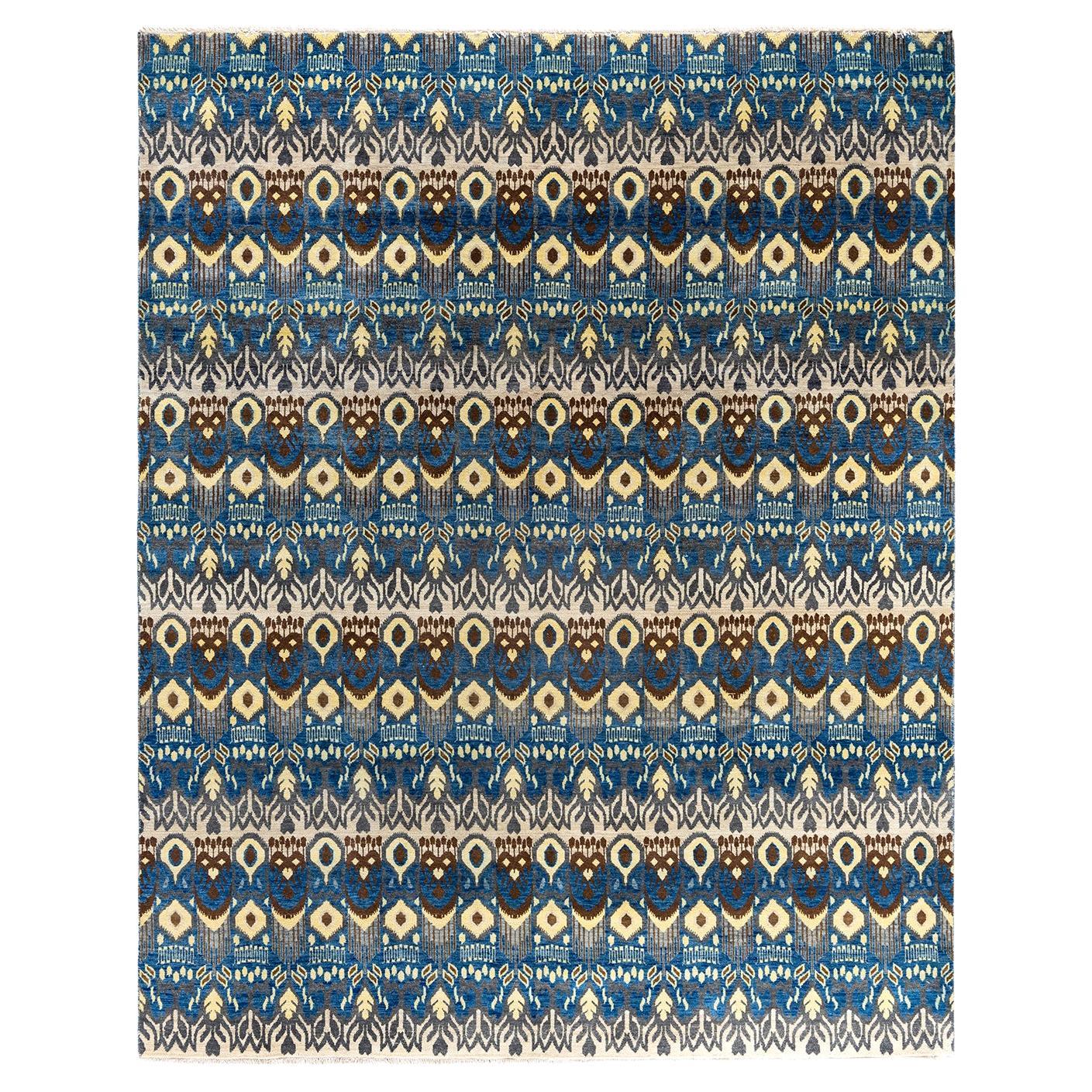 Traditional Ikat Hand Knotted Floral Wool Blue Area Rug 8' 0" x 10' 0"