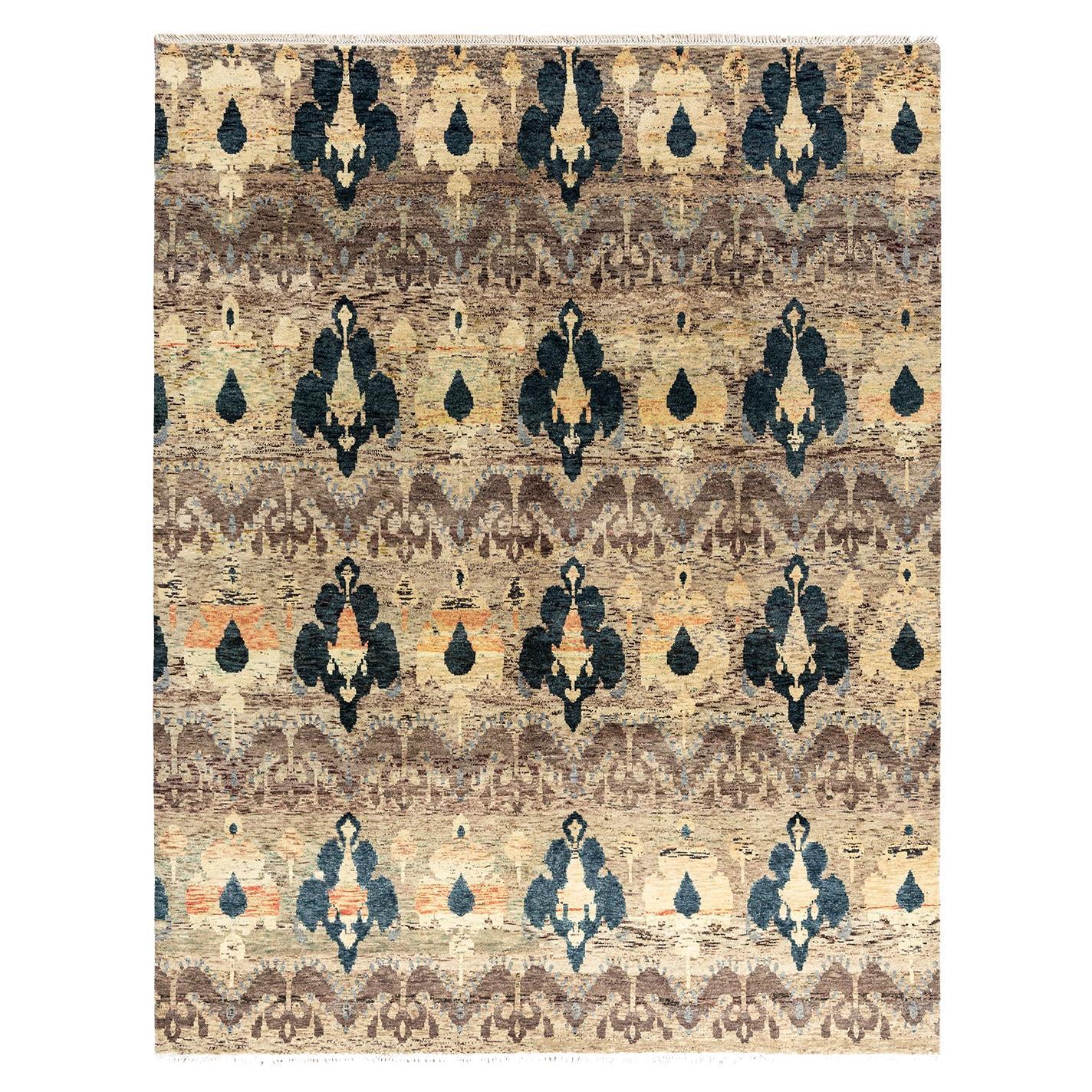 Traditional Ikat Hand Knotted Floral Wool Brown Area Rug 7' 10" x 10' 1"
