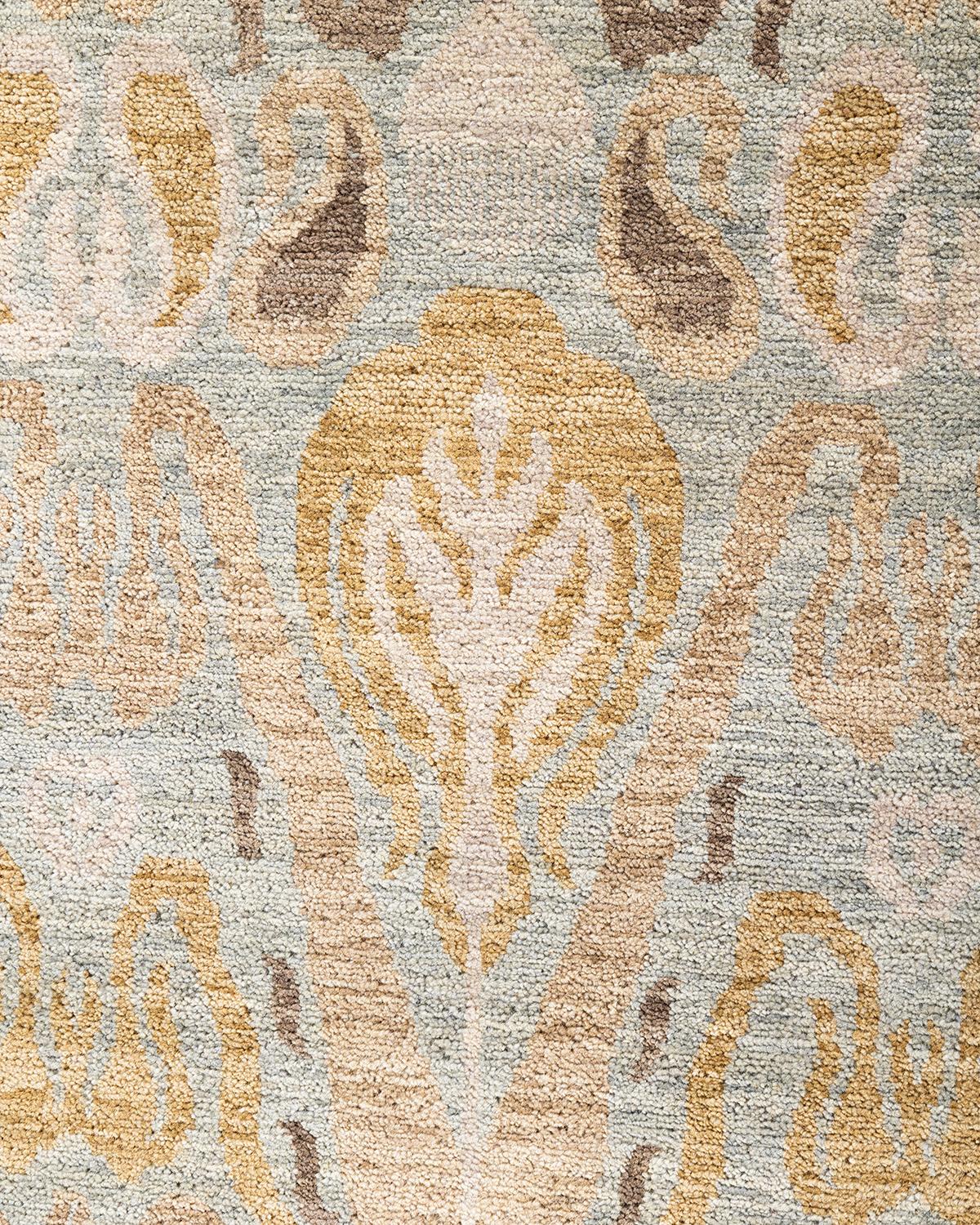 Indian Traditional Ikat Hand Knotted Floral Wool Brown Area Rug 8' 0