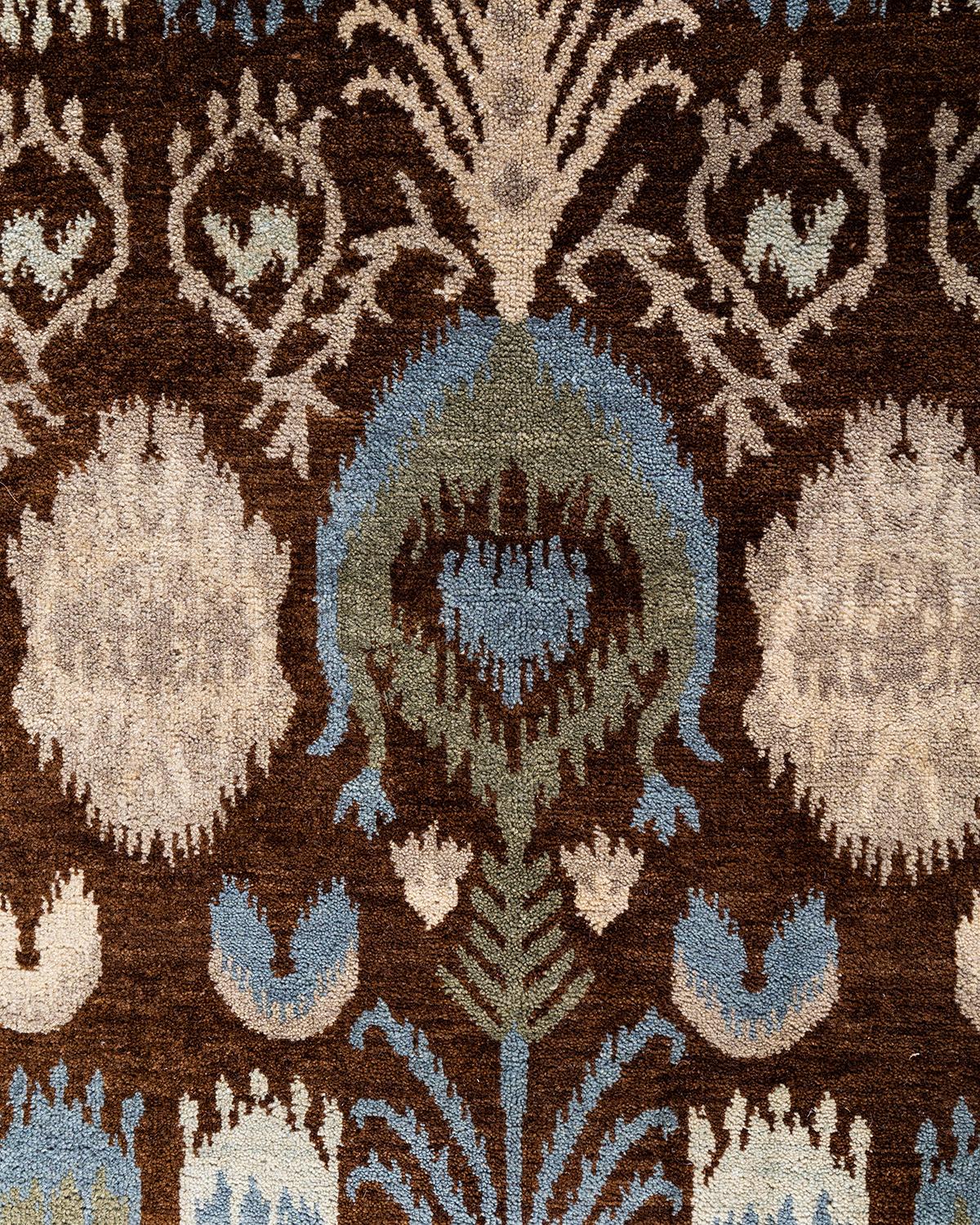 Indian Traditional Ikat Hand Knotted Floral Wool Brown Area Rug 8' 1