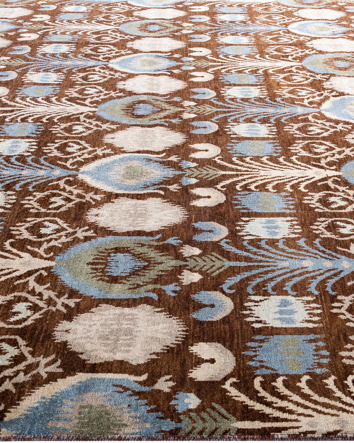 Hand-Knotted Traditional Ikat Hand Knotted Floral Wool Brown Area Rug 8' 1