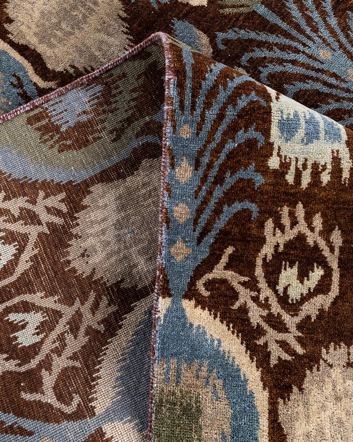 Contemporary Traditional Ikat Hand Knotted Floral Wool Brown Area Rug 8' 1