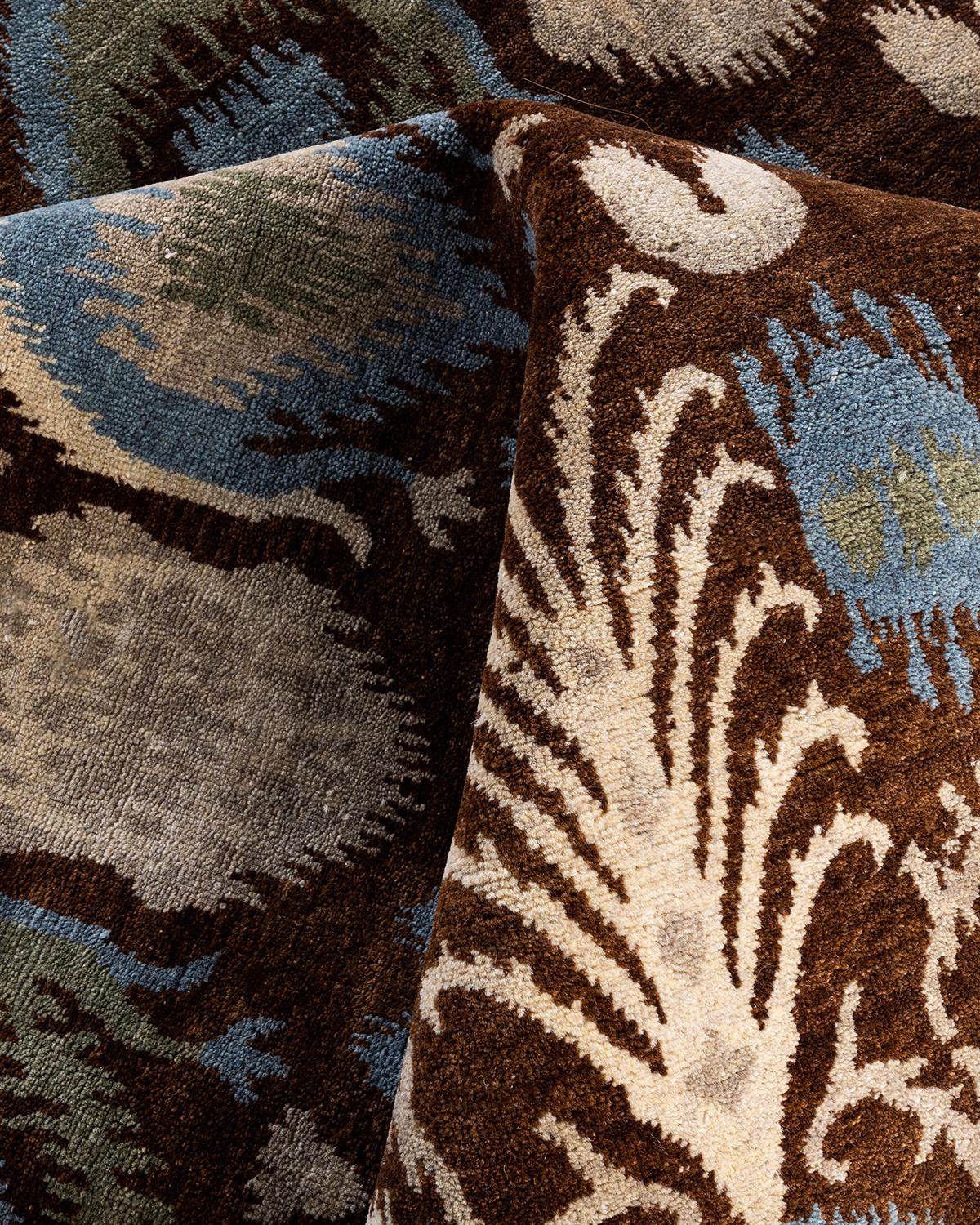 Traditional Ikat Hand Knotted Floral Wool Brown Area Rug 8' 1