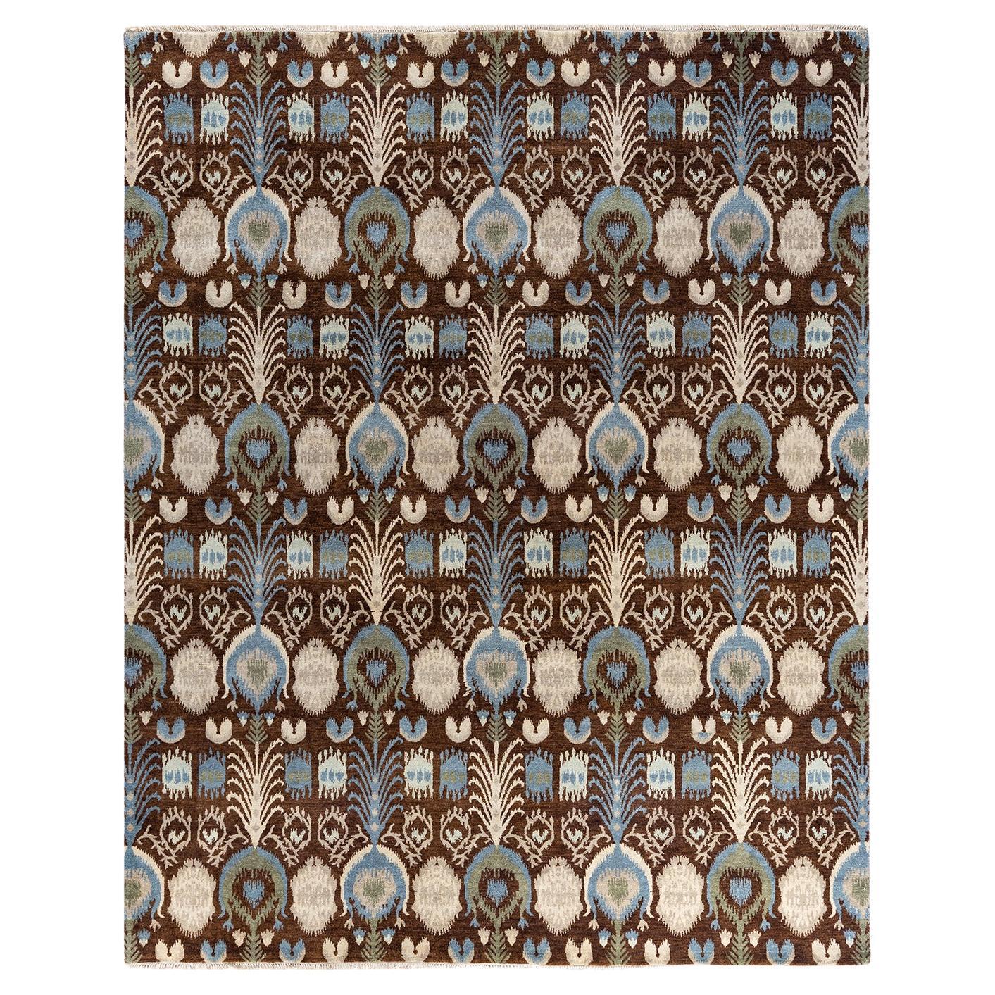 Traditional Ikat Hand Knotted Floral Wool Brown Area Rug 8' 1" x 10' 0"