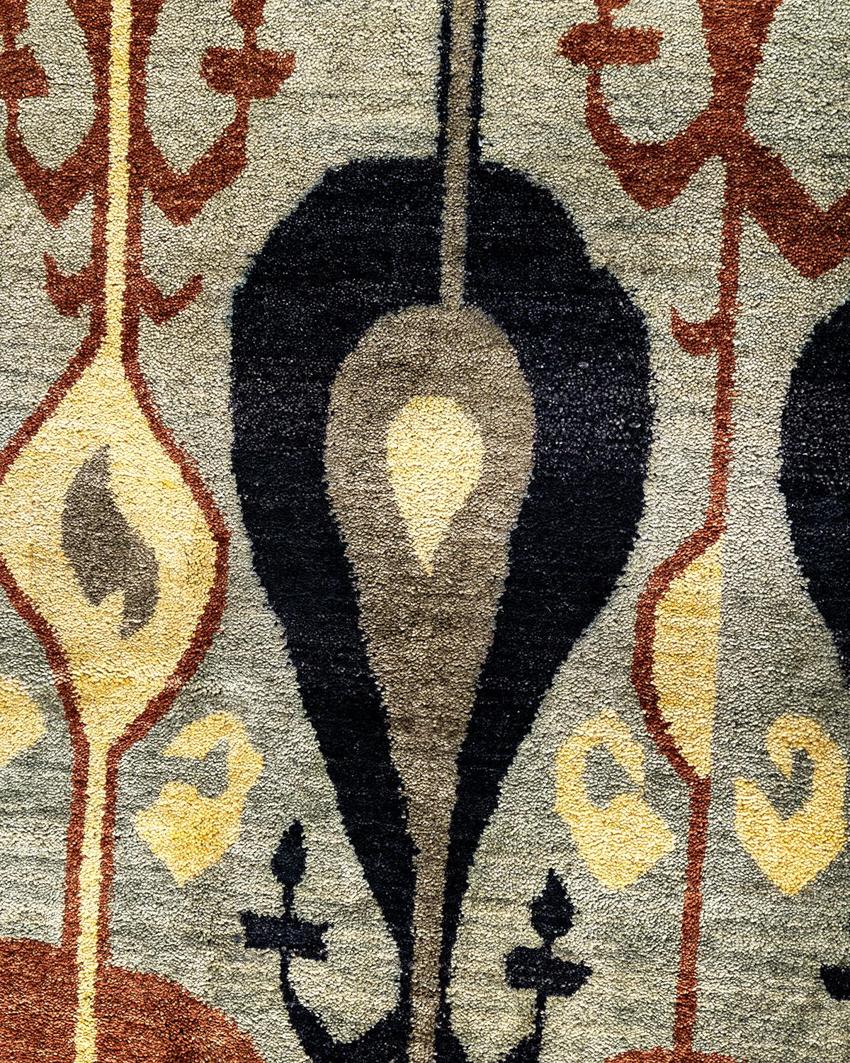 Indian Traditional Ikat Hand Knotted Floral Wool Brown Area Rug 8' 10