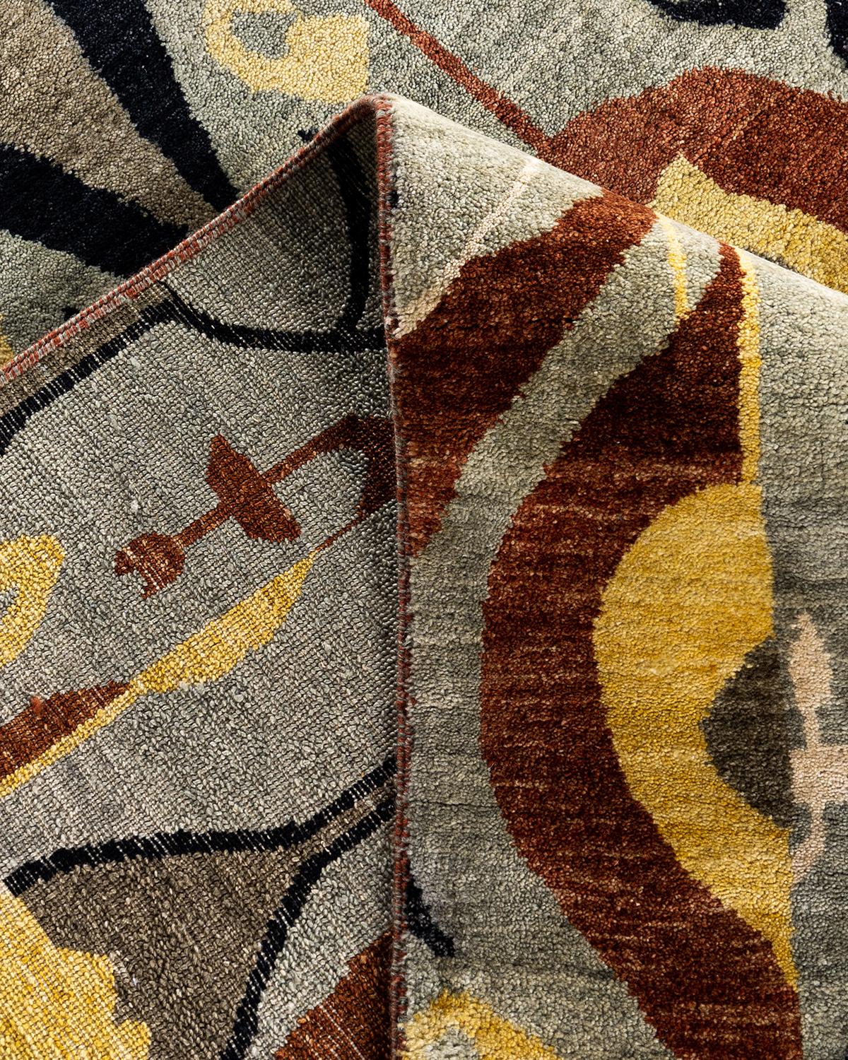 Contemporary Traditional Ikat Hand Knotted Floral Wool Brown Area Rug 8' 10