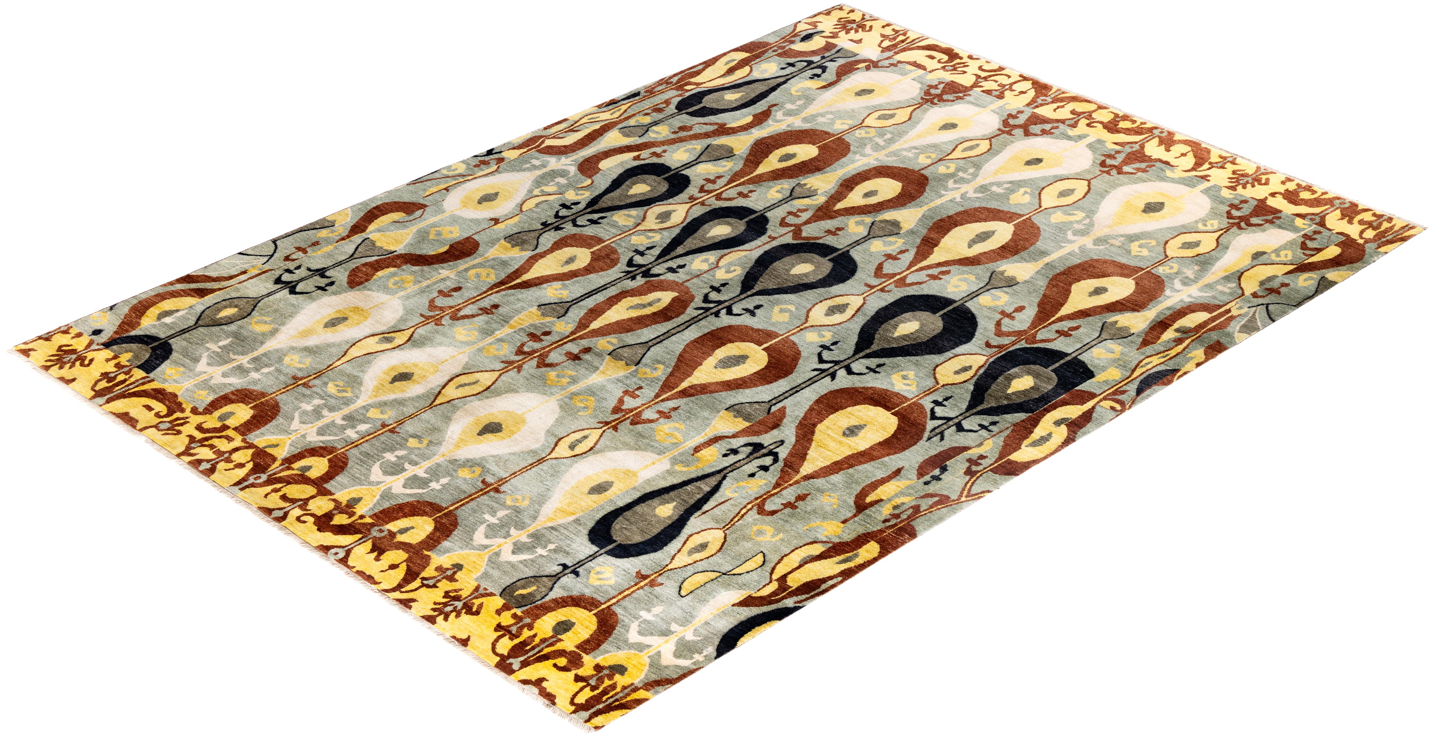 Traditional Ikat Hand Knotted Floral Wool Brown Area Rug 8' 10