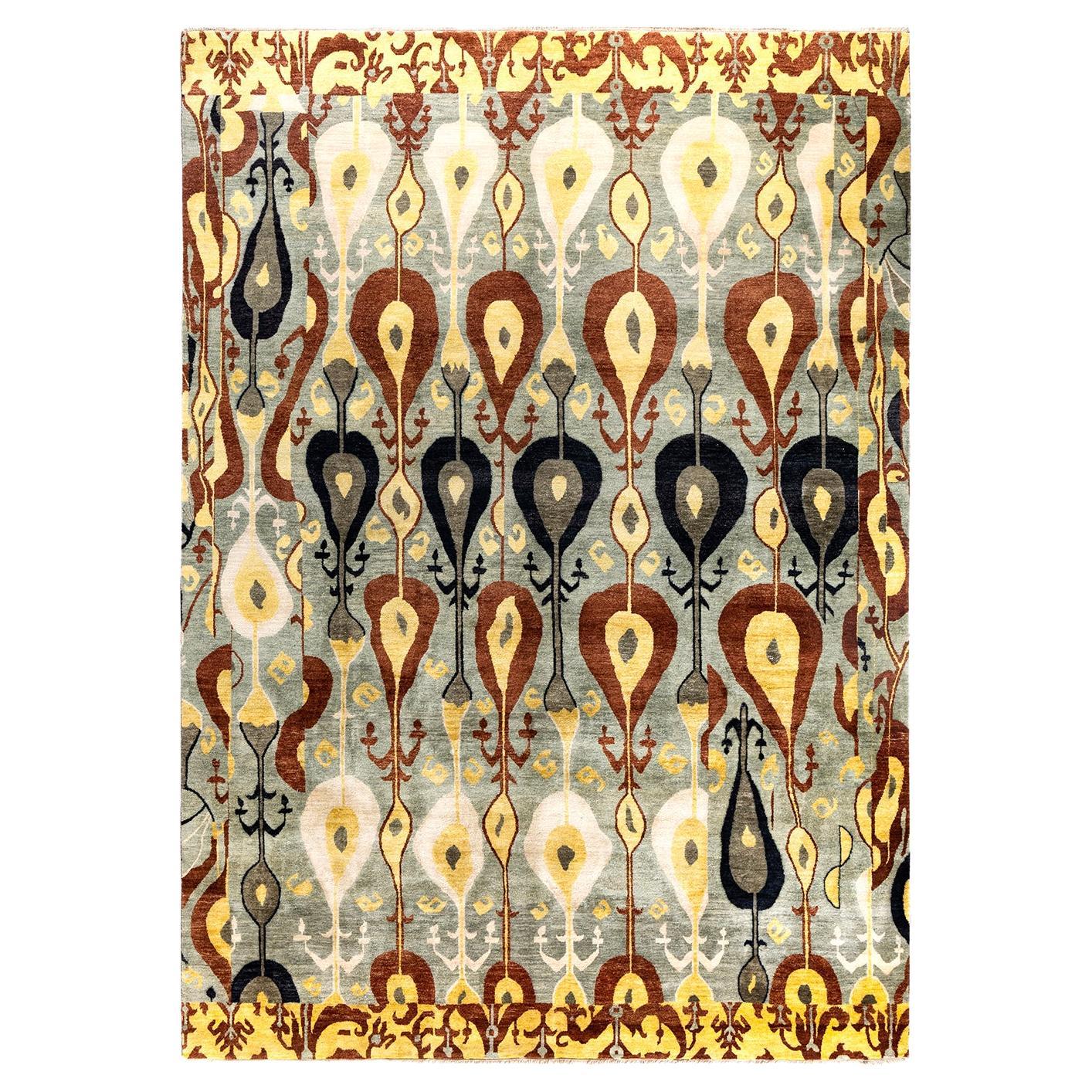 Traditional Ikat Hand Knotted Floral Wool Brown Area Rug 8' 10" x 12' 4" For Sale