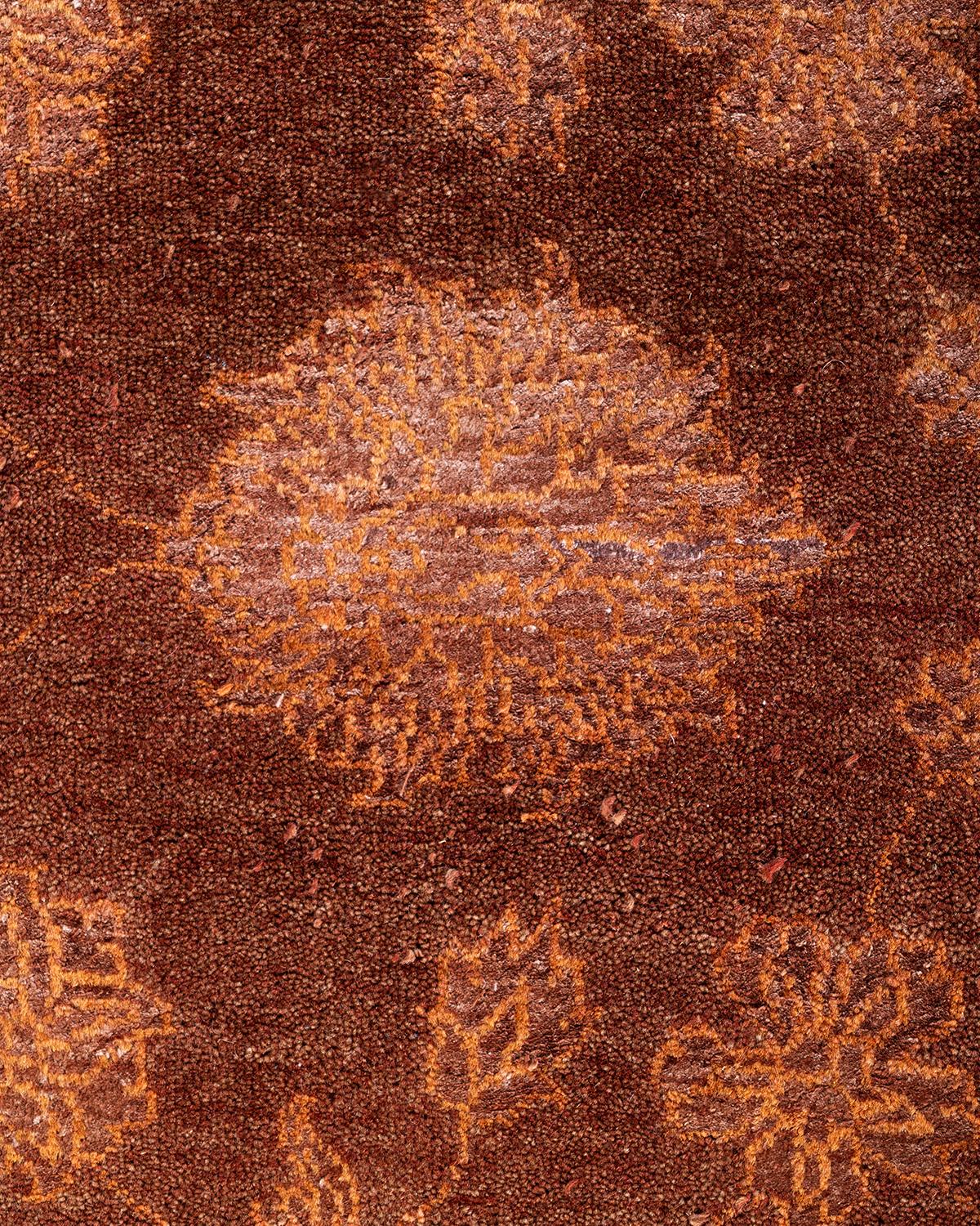 Indian Traditional Ikat Hand Knotted Floral Wool Brown Area Rug 8' 2