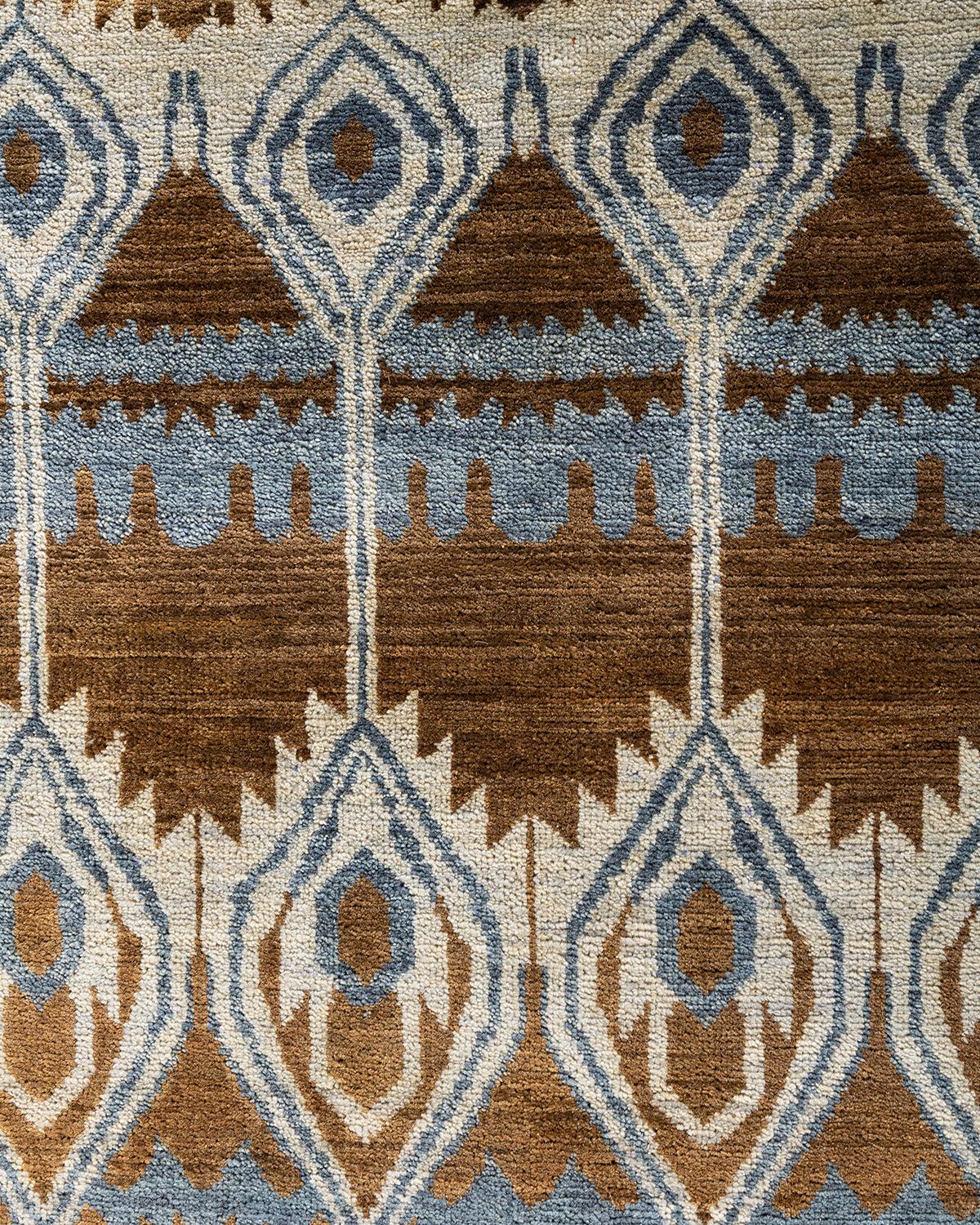 Indian Traditional Ikat Hand Knotted Floral Wool Brown Area Rug 8' 2