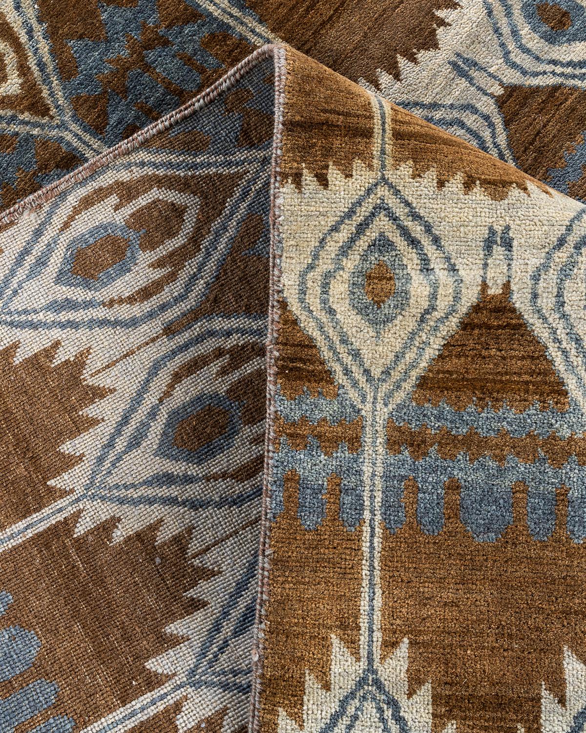 Contemporary Traditional Ikat Hand Knotted Floral Wool Brown Area Rug 8' 2