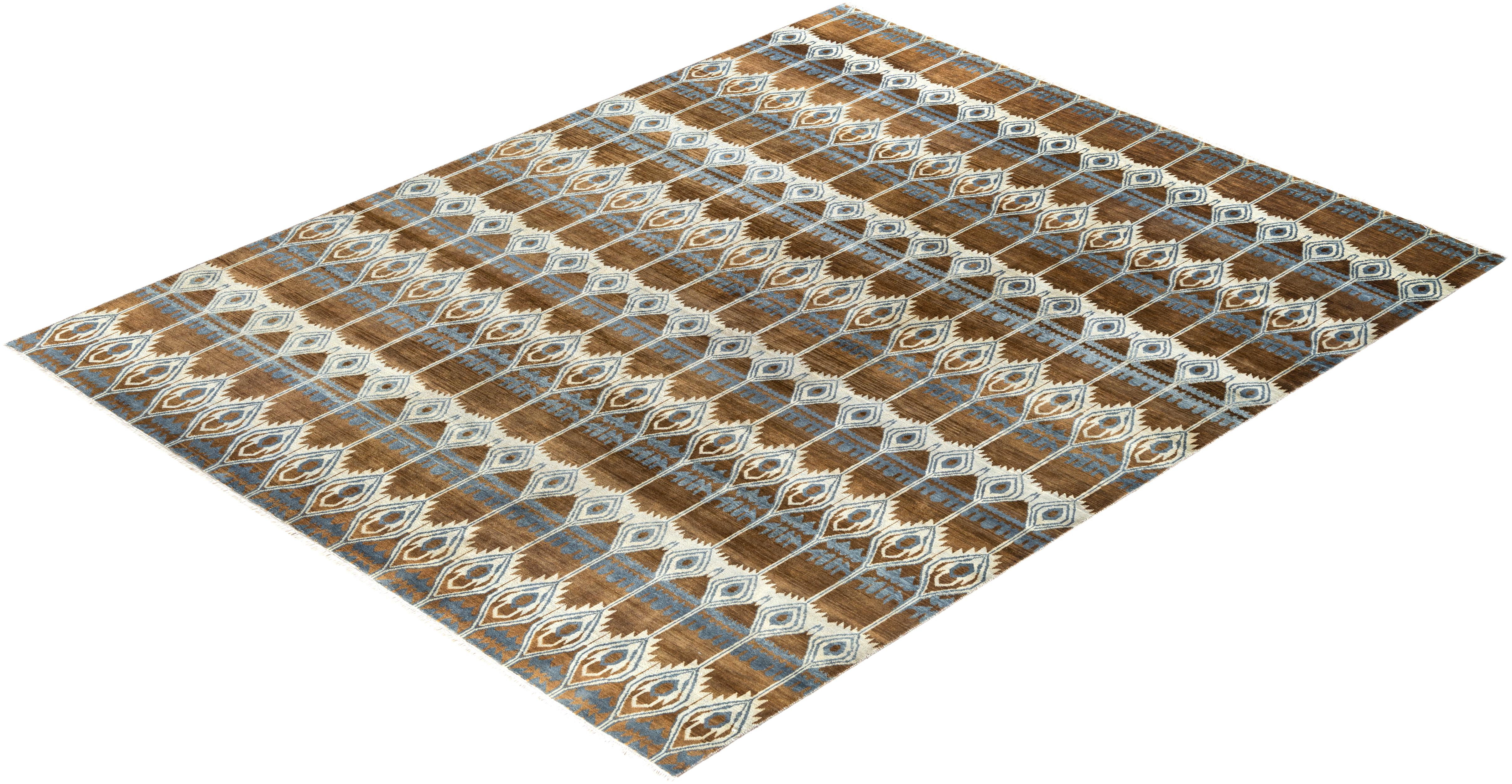 Traditional Ikat Hand Knotted Floral Wool Brown Area Rug 8' 2