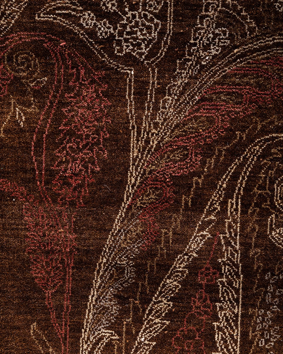 Indian Traditional Ikat Hand Knotted Floral Wool Brown Area Rug 8' 2