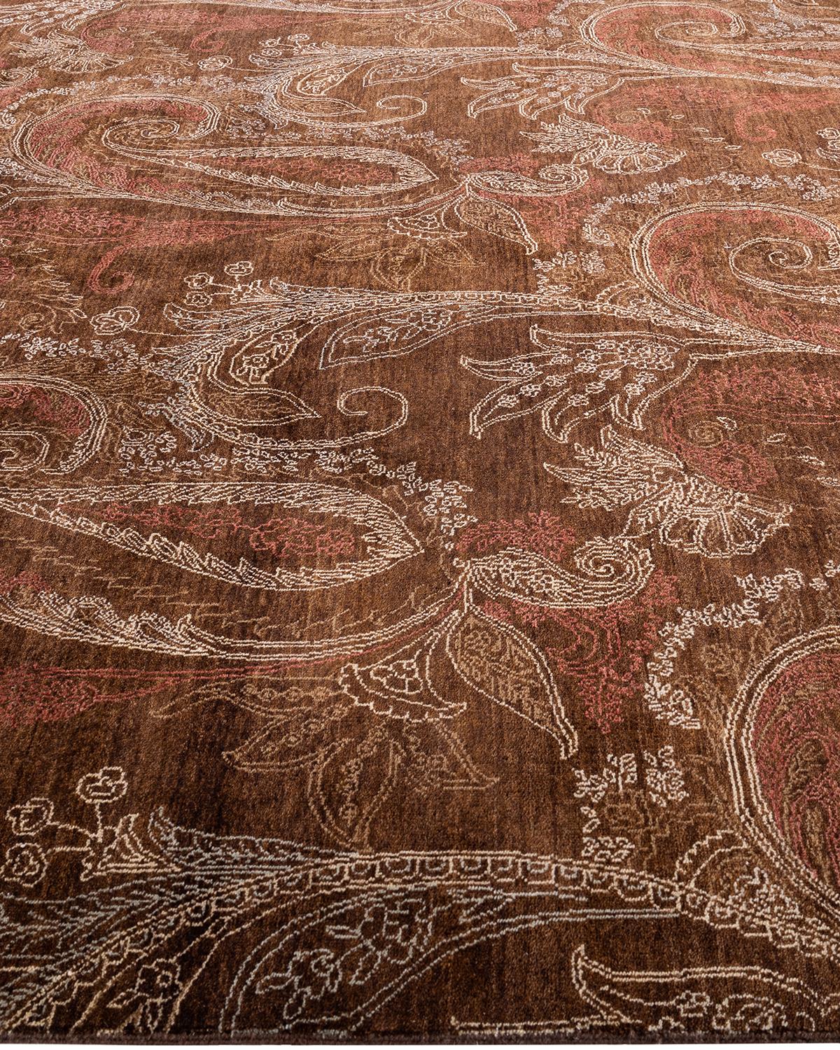 Hand-Knotted Traditional Ikat Hand Knotted Floral Wool Brown Area Rug 8' 2