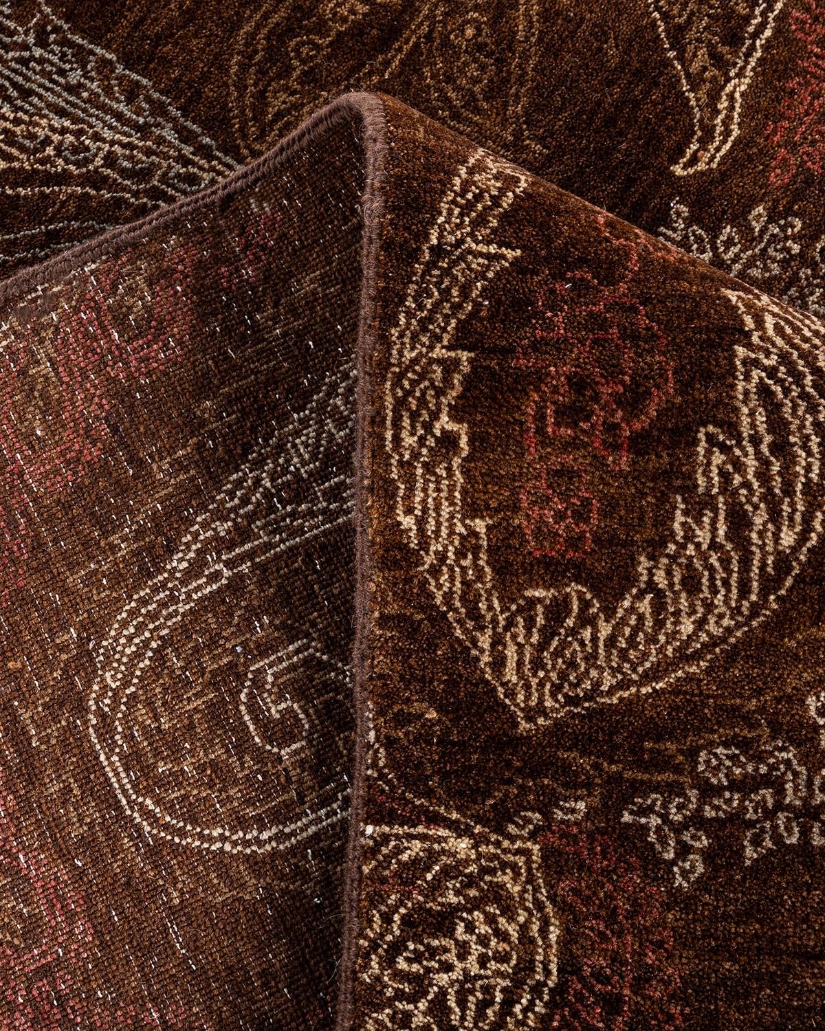 Contemporary Traditional Ikat Hand Knotted Floral Wool Brown Area Rug 8' 2