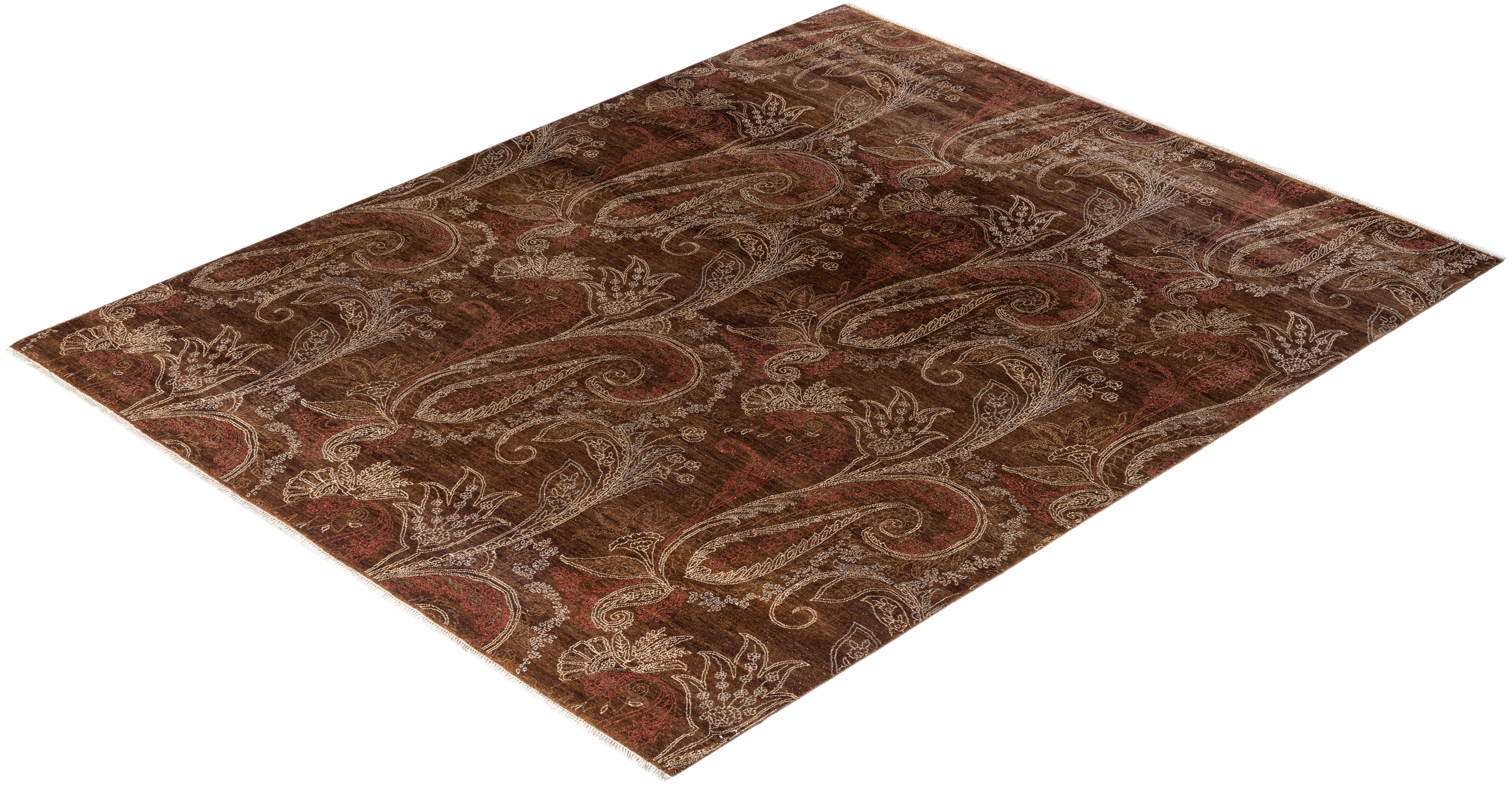 Traditional Ikat Hand Knotted Floral Wool Brown Area Rug 8' 2