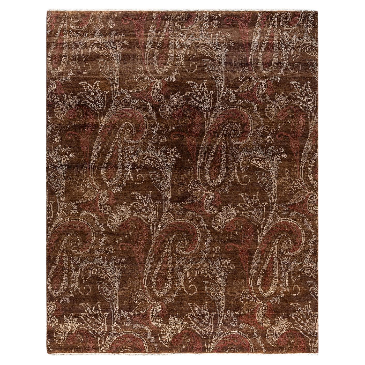 Traditional Ikat Hand Knotted Floral Wool Brown Area Rug 8' 2" x 10' 3"