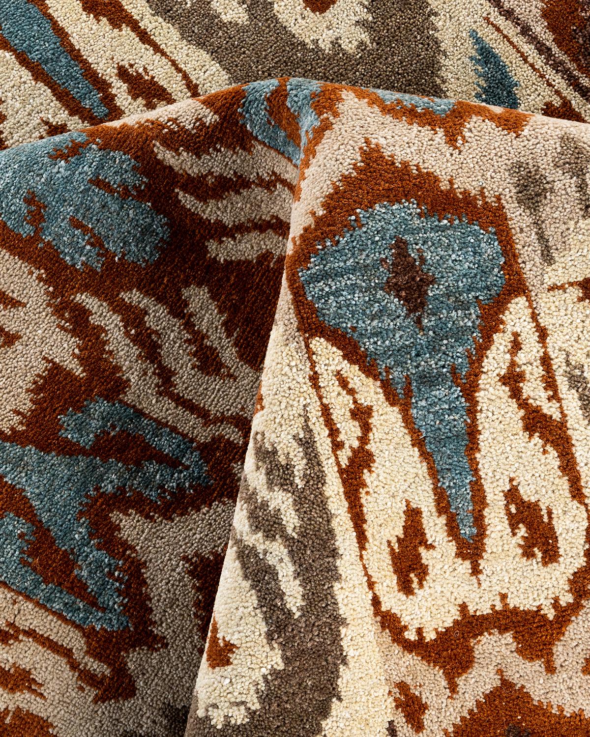 Traditionelle Ikat Hand geknüpfte florale Wolle Brown Bereich Teppich 8' 3