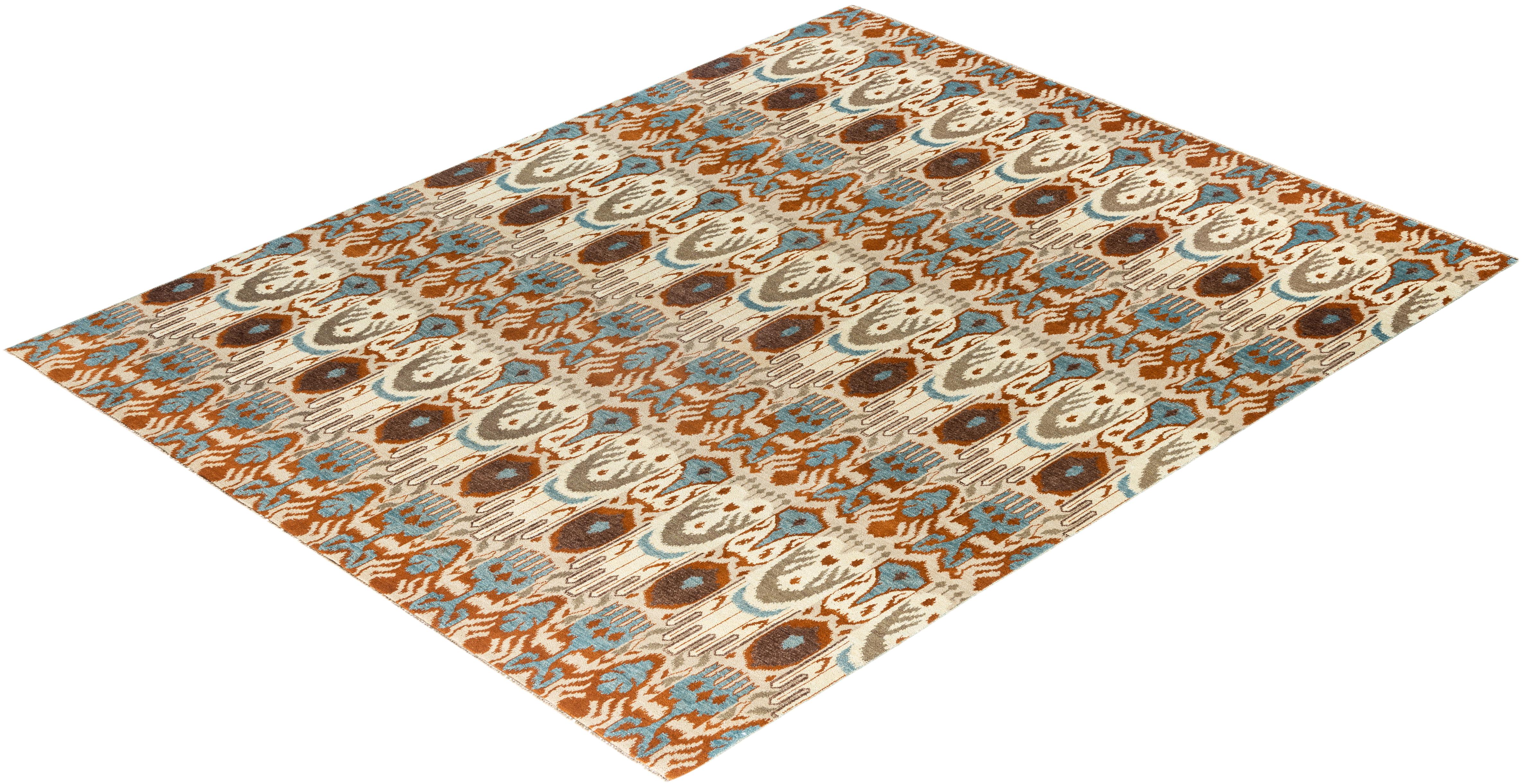 Traditionelle Ikat Hand geknüpfte florale Wolle Brown Bereich Teppich 8' 3