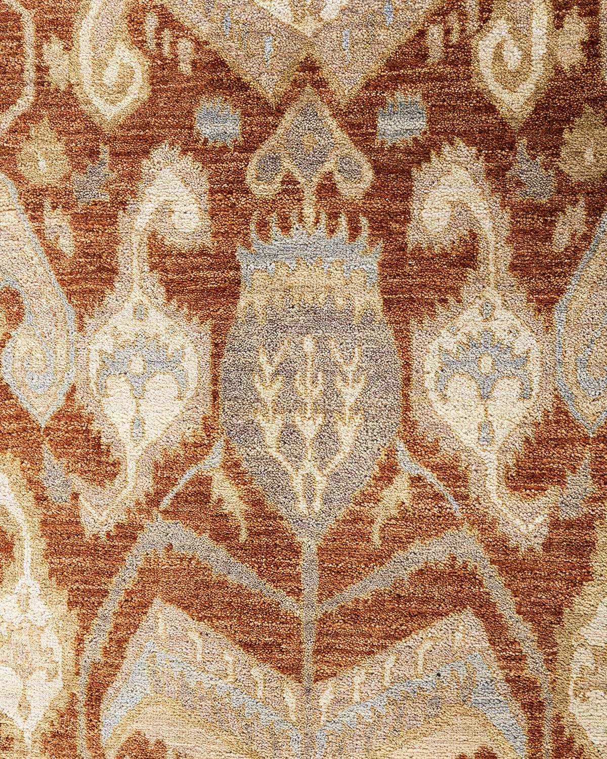 Alfombra Tradicional Ikat de Lana Floral Anudada a Mano Marrón 9' 0