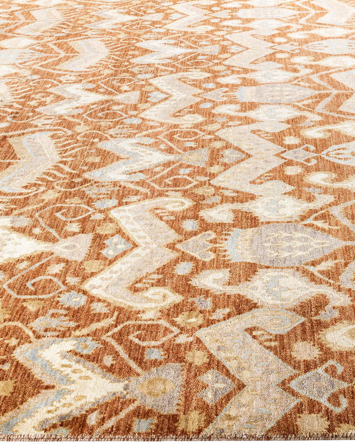 Alfombra Tradicional Ikat de Lana Floral Anudada a Mano Marrón 9' 0